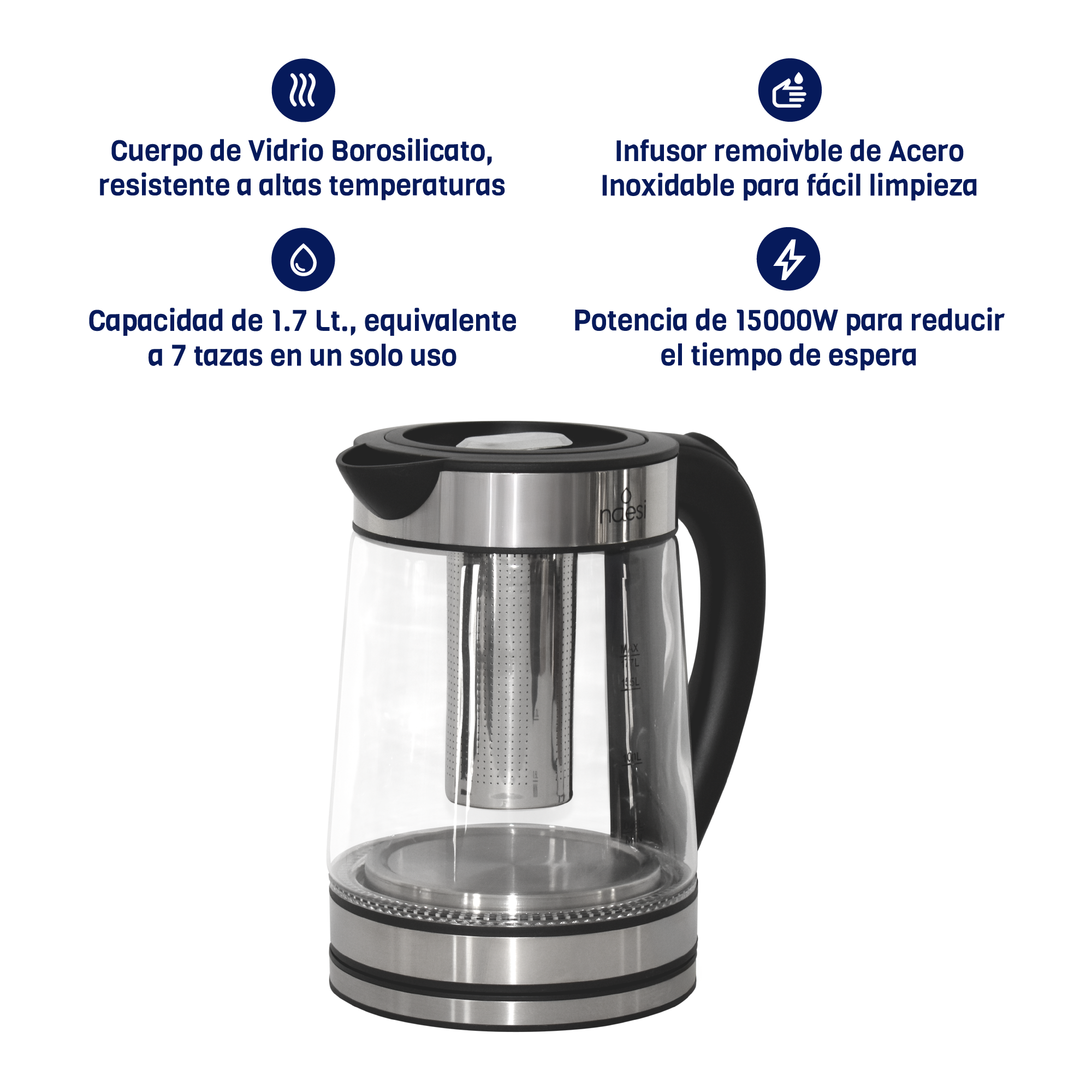 Foto 5 | Tetera Eléctrica Con Infusor 1.7 Litros De Vidrio Templado Con Luz Led + Dispensador De Agua Inteligente Naesi