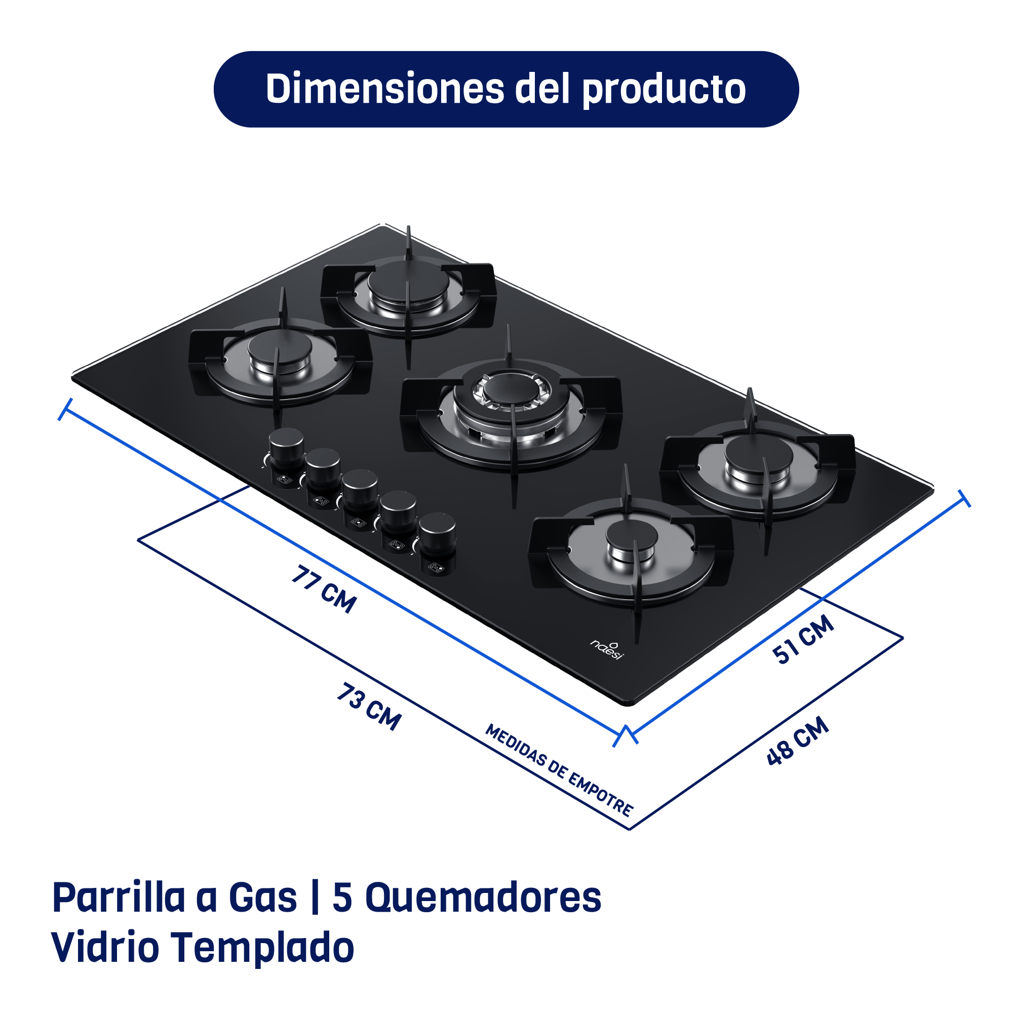 Foto 2 | Combo Campana Extractora De Pared Tipo T 7 cm Con Luz Led + Parrilla De Gas 5 Quemadores En Vidrio Templado Naesi