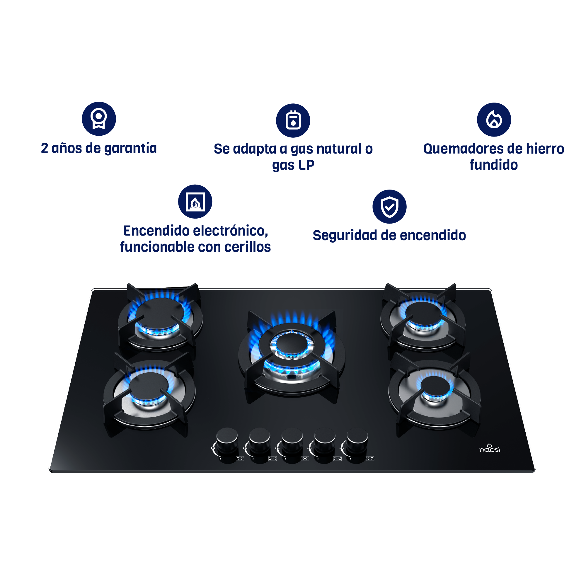 Foto 4 | Combo Campana Extractora De Pared Tipo T 7 cm Con Luz Led + Parrilla De Gas 5 Quemadores En Vidrio Templado Naesi