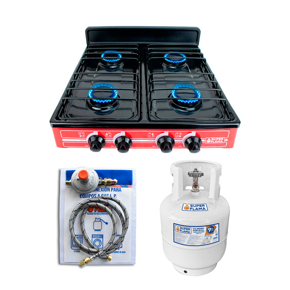 Foto 1 | Combo Super Flama Parrilla De Gas Lp De 4 Quemadores Con Tanque De Gas 10 Kg Y Kit De Instalación
