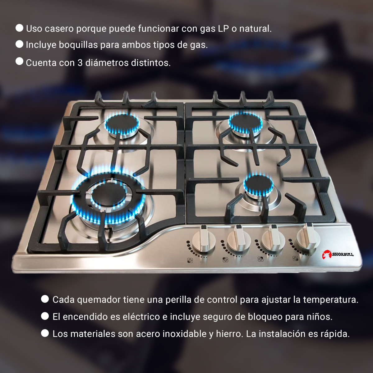 Foto 5 | Estufa Empotrable Shorbull 4 Quemadores de Acero Inoxidable