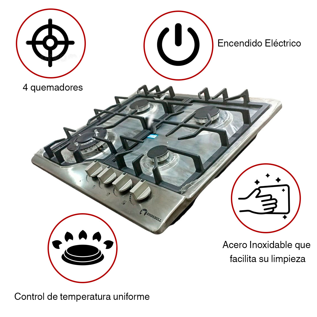 Foto 7 | Estufa Empotrable Shorbull 4 Quemadores de Acero Inoxidable