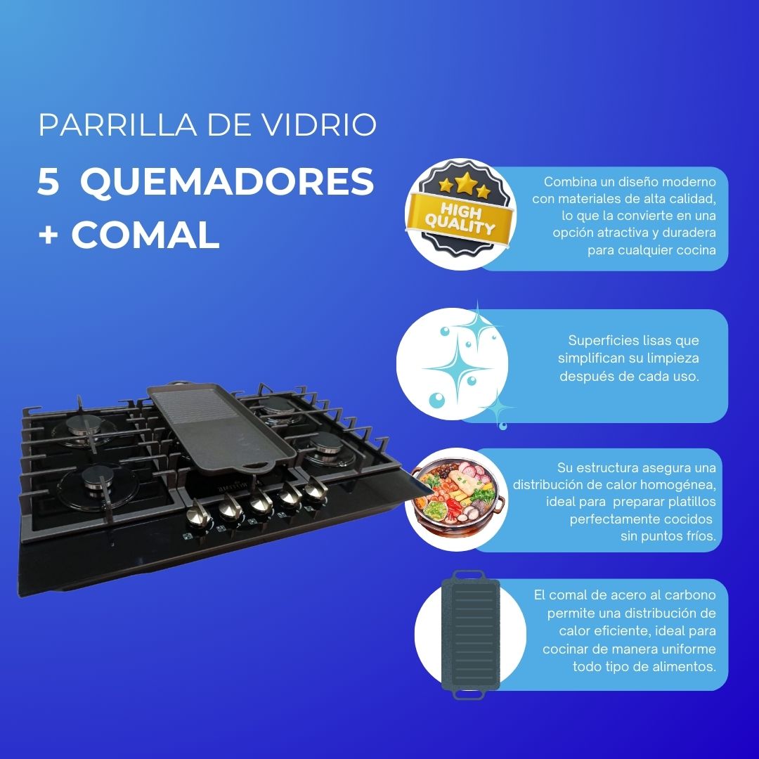 Foto 7 pulgar | Estufa Shorbull 5 Quemadores Vidrio Templado Con Comal
