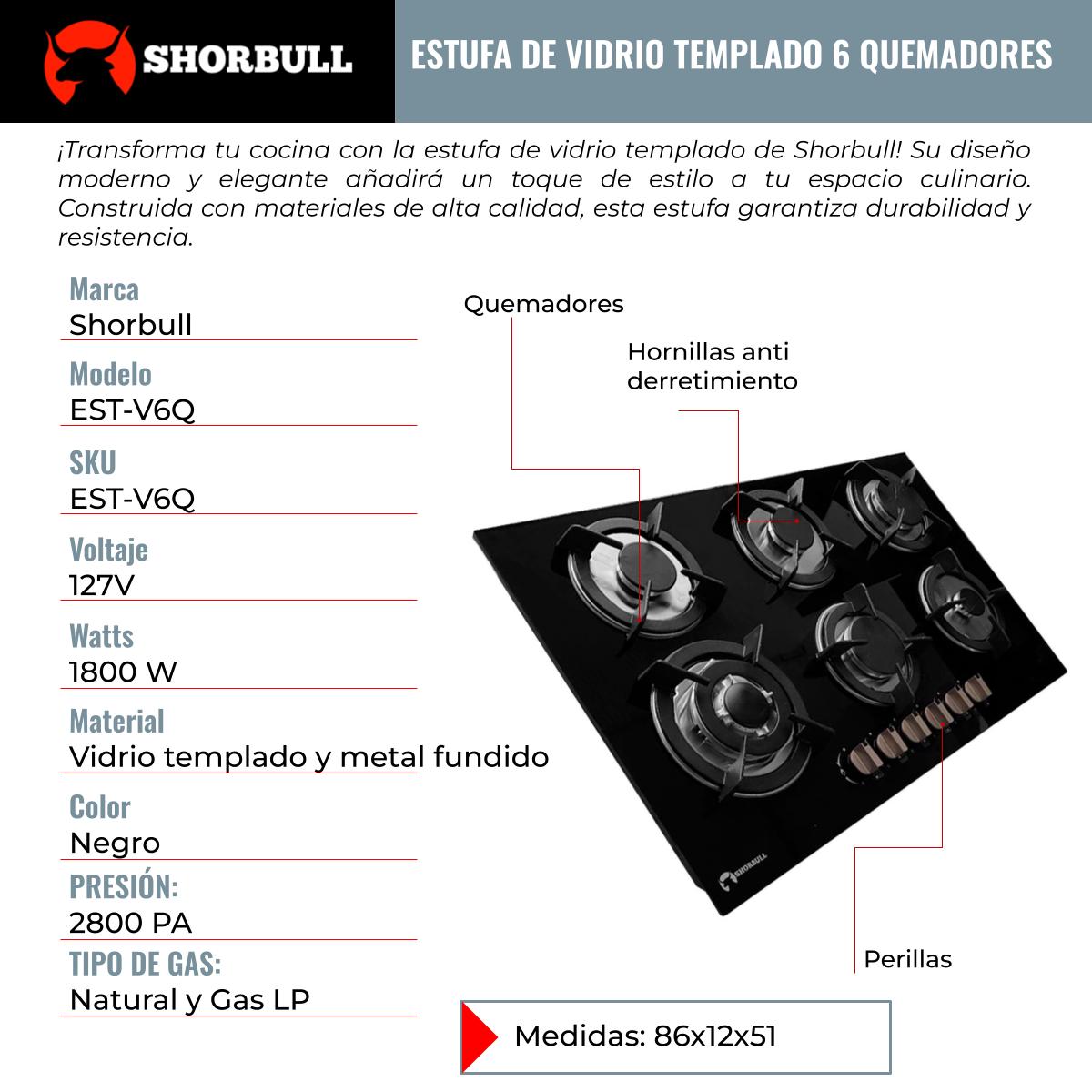 Foto 7 pulgar | Estufa Vidrio 6 Quemadores Shorbull  Empotrable