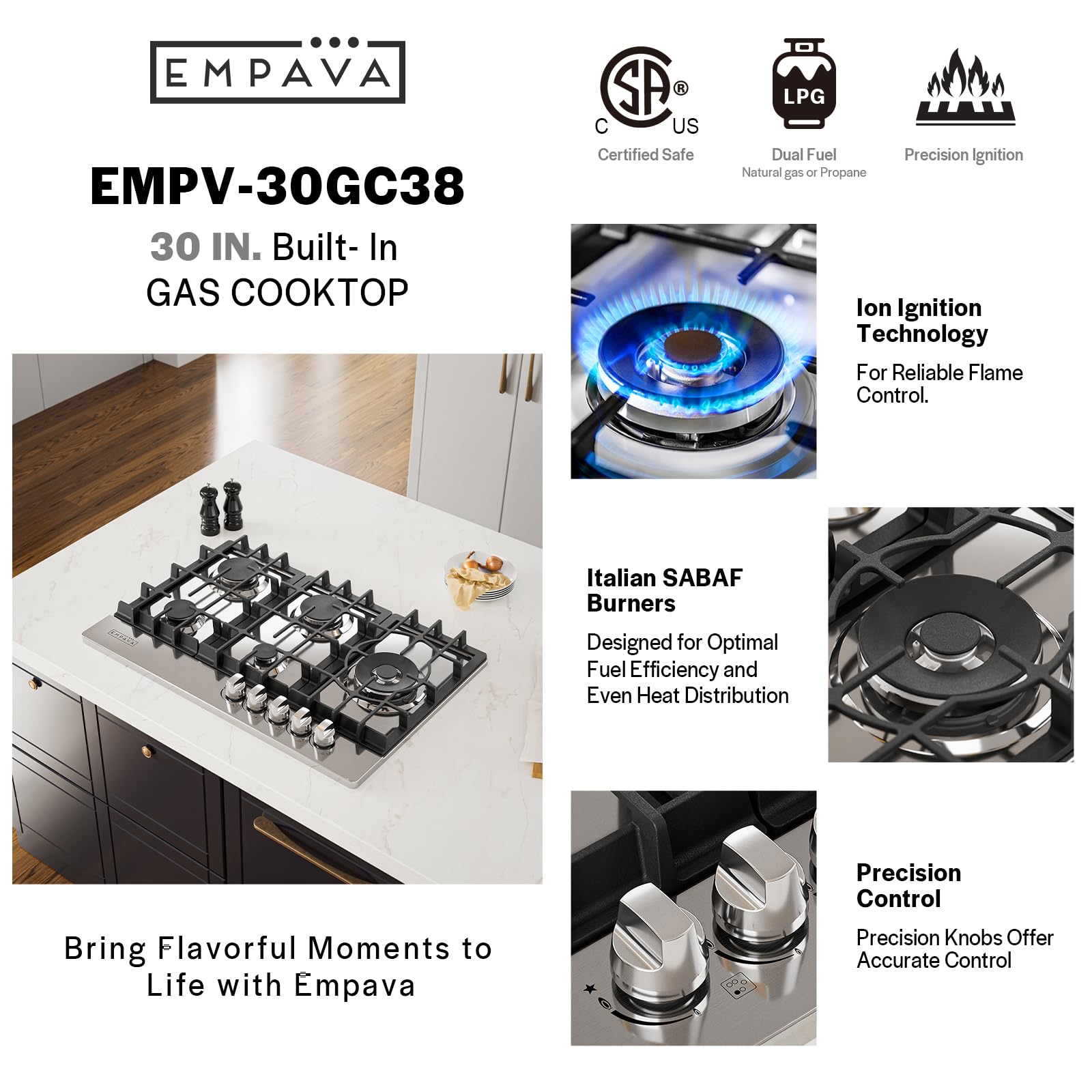 Foto 5 | Estufa A Gas Empava, 30 Cm, 5 Quemadores Sellados Sabaf, Acero Inoxidable - Venta Internacional.