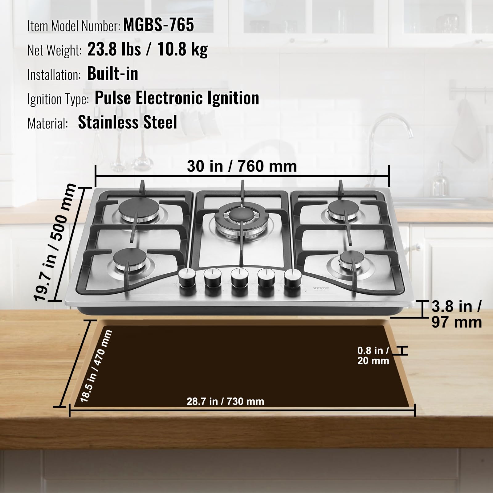 Foto 7 | Estufa A Gas Vevor De 30 Pulgadas Y 5 Quemadores De Acero Inoxidable - Venta Internacional.