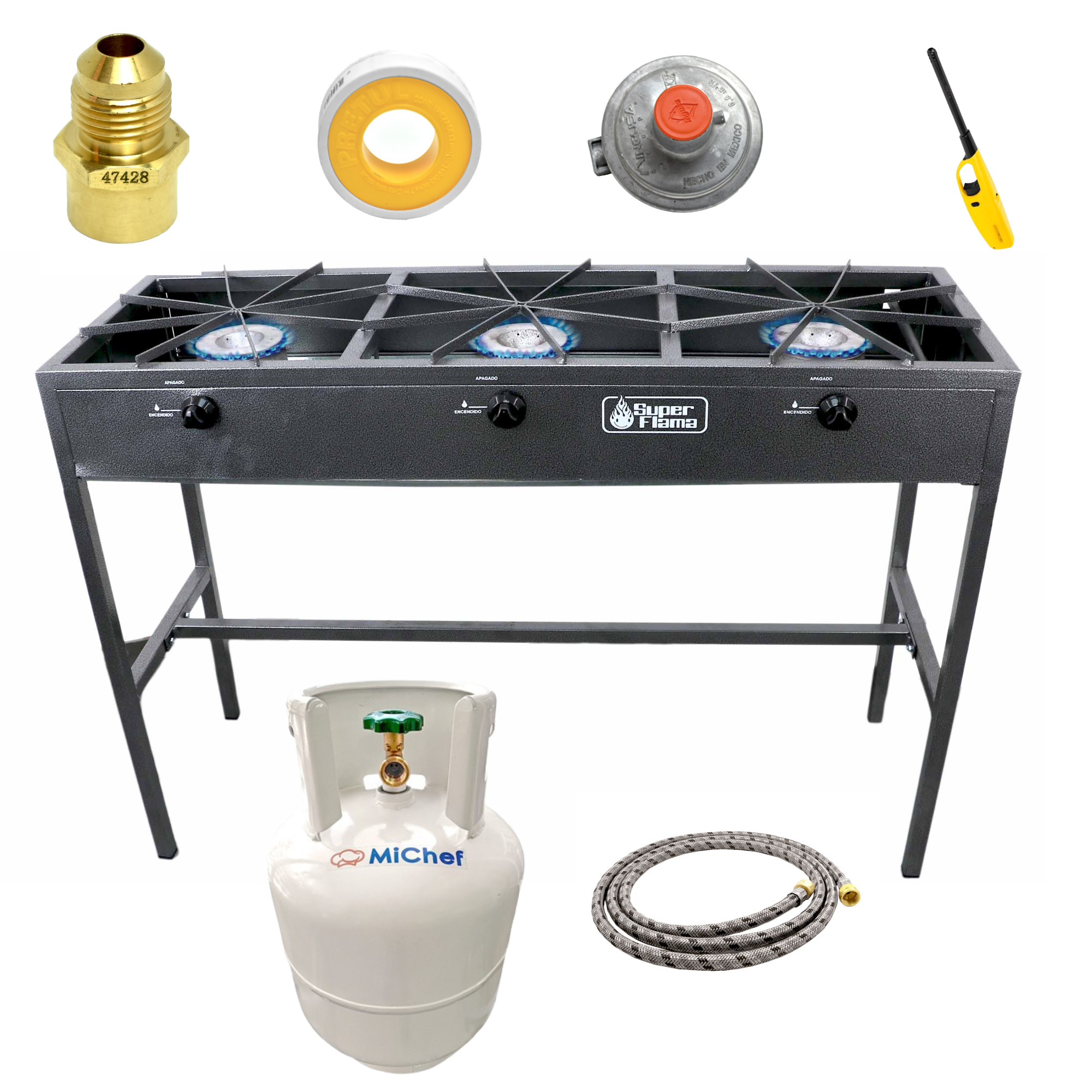 Combo Super Flama, Trio, Estufon De 2 Quemadores Con Tanque De Gas 10 Kg Y Kit De Instalación.