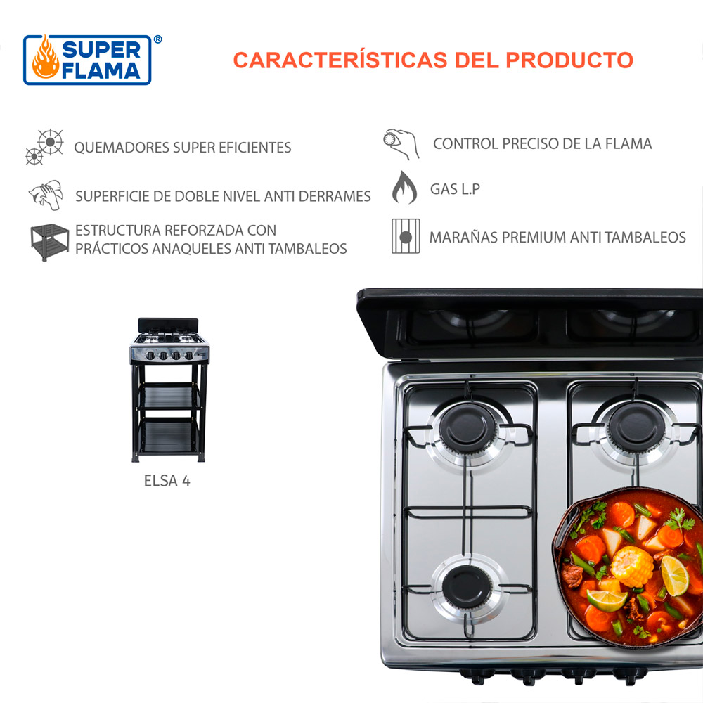 Foto 9 pulgar | Parrilla A Gas Elsa 4 Quemadores Con Anaquel Y Cubierta De Acero Inoxidable