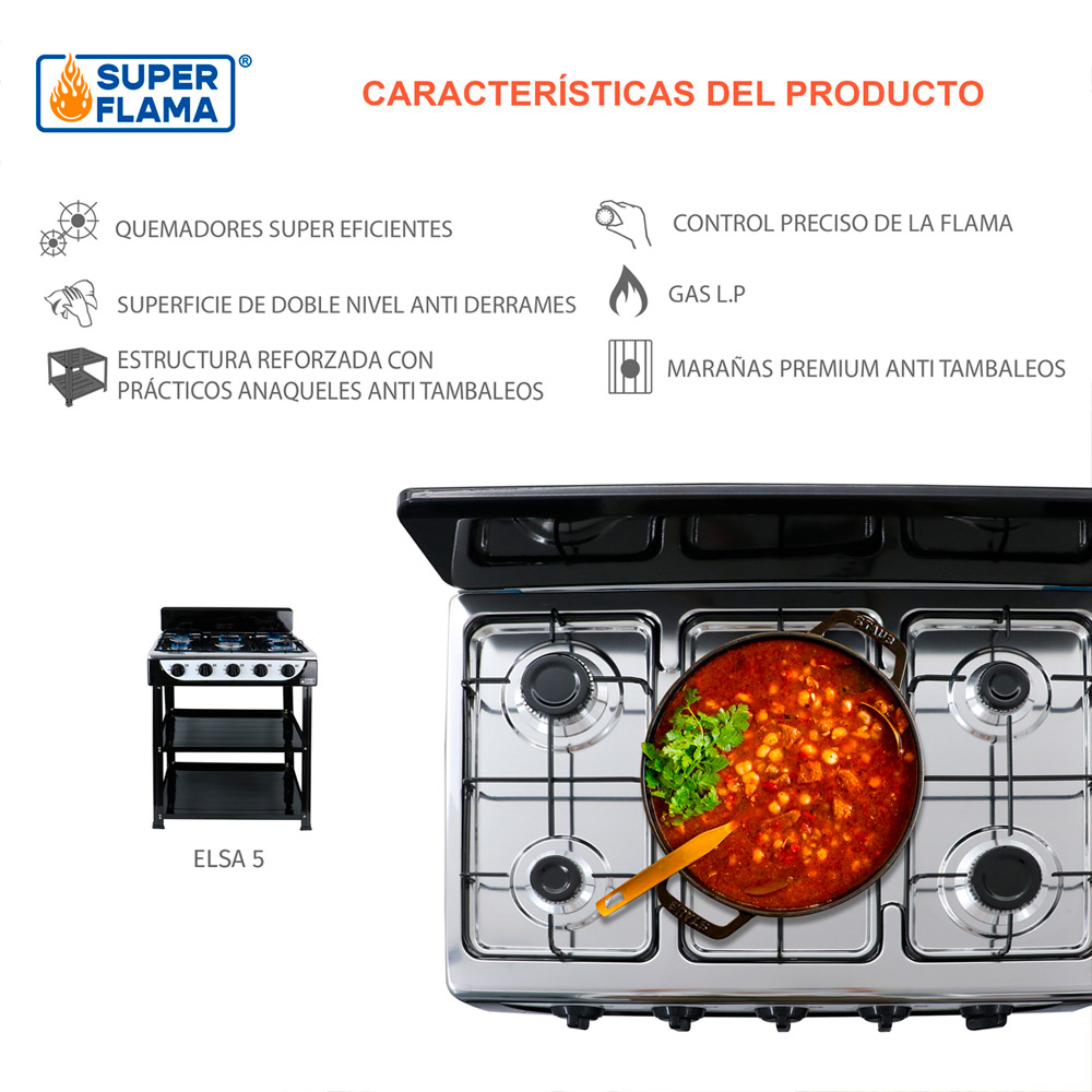 Foto 9 pulgar | Parrilla A Gas Elsa 5 Quemadores Con Anaquel Y Cubierta De Acero Inoxidable