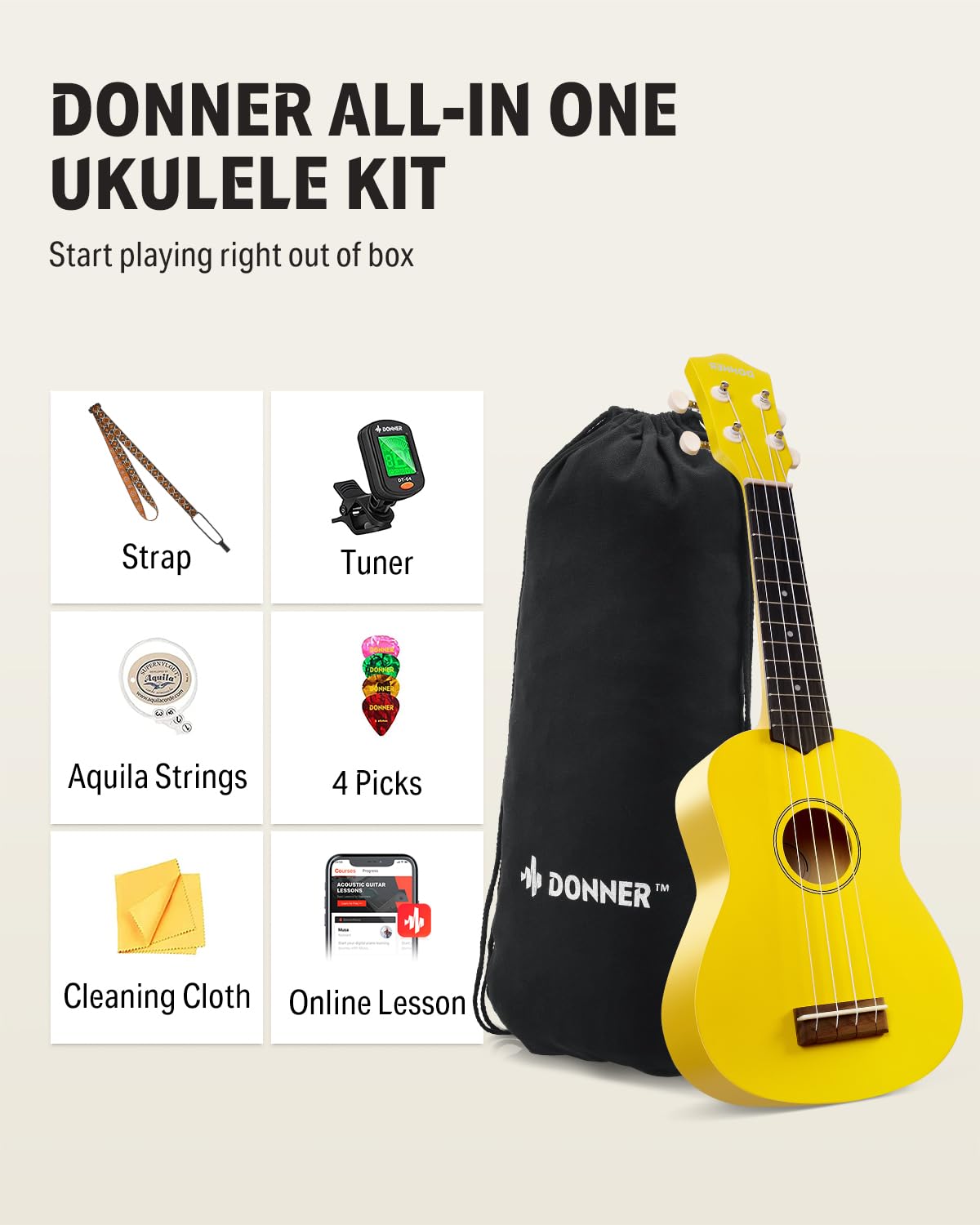 Foto 3 pulgar | Ukelele Donner Soprano, 21 Pulgadas, Mate, Con Correa, Afinador Y Más - Venta Internacional.