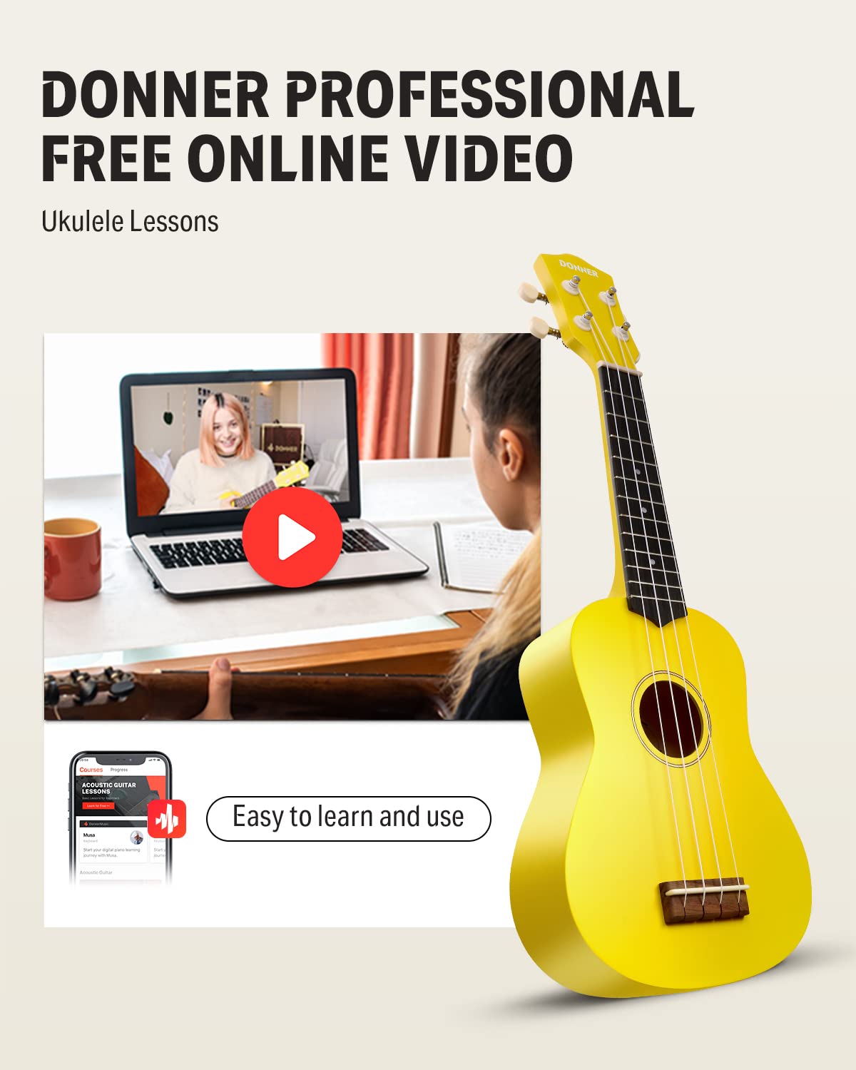 Foto 4 pulgar | Ukelele Donner Soprano, 21 Pulgadas, Mate, Con Correa, Afinador Y Más - Venta Internacional.