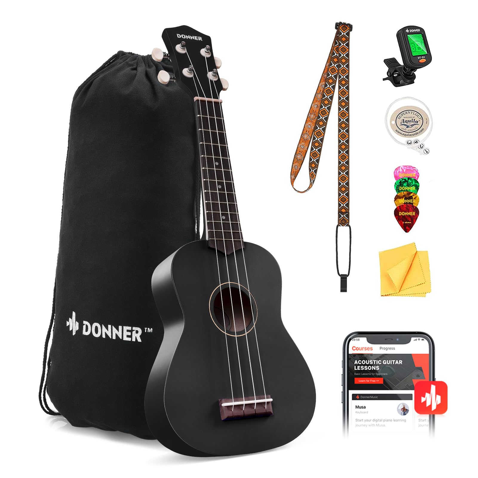 Foto 1 | Afinador Para Ukelele Donner Soprano, 21 Pulgadas, Mate, Con Correa De Bolsa, Negro - Venta Internacional.