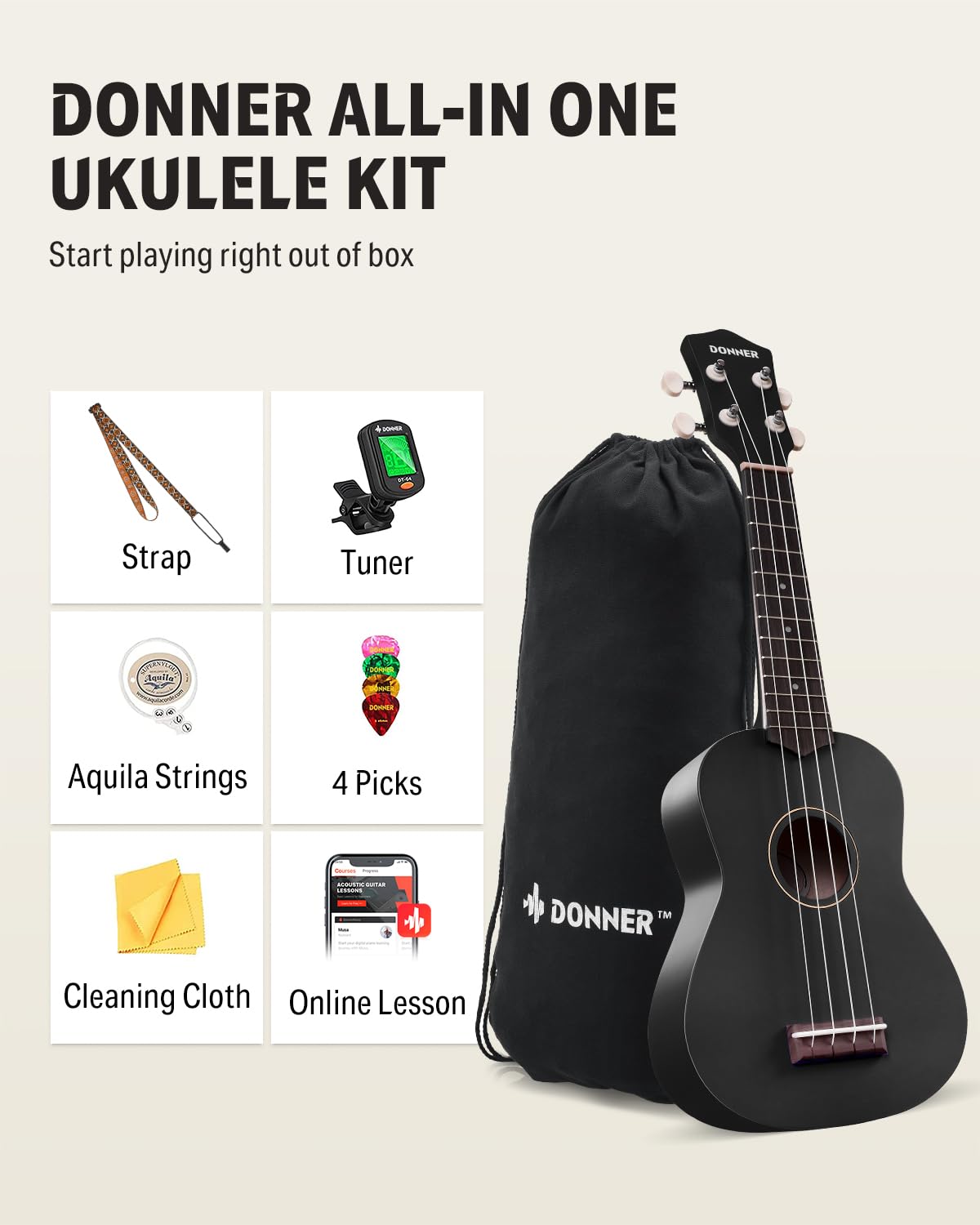 Foto 3 pulgar | Afinador Para Ukelele Donner Soprano, 21 Pulgadas, Mate, Con Correa De Bolsa, Negro - Venta Internacional.