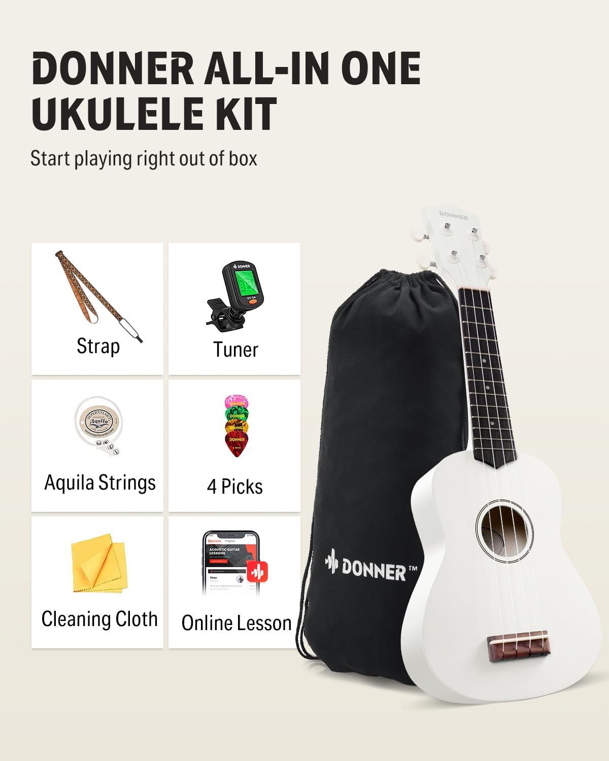 Foto 2 | Ukelele Donner Soprano De 21 Pulgadas Para Principiantes Con Kit Y Lecciones - Venta Internacional.