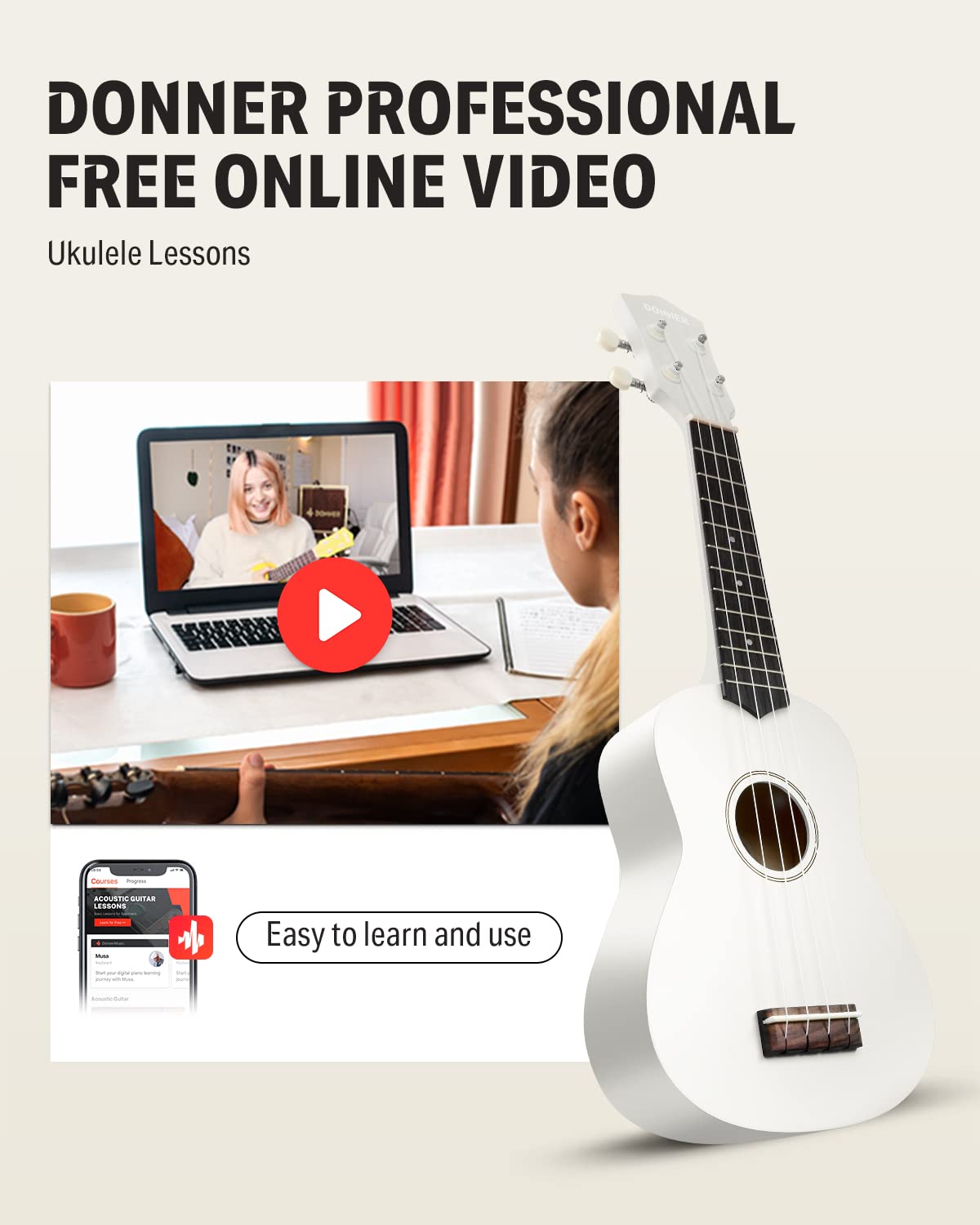 Foto 3 | Ukelele Donner Soprano De 21 Pulgadas Para Principiantes Con Kit Y Lecciones - Venta Internacional.