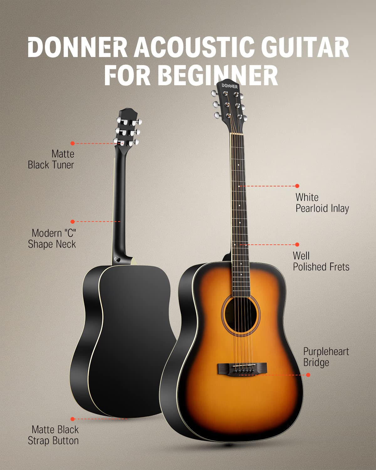 Foto 4 pulgar | Guitarra Acústica Donner Dag-1s/dad-160s Sunburst De Tamaño Completo - Venta Internacional.