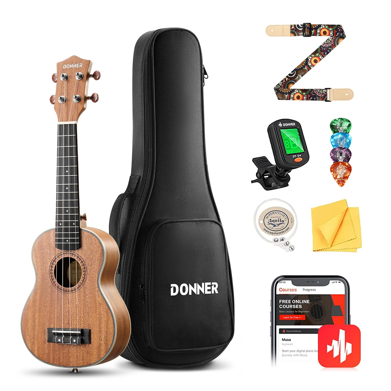 Foto 1 | Ukelele Donner Soprano De Madera De Caoba De 21 Pulgadas Con Kit Para Principiantes - Venta Internacional.