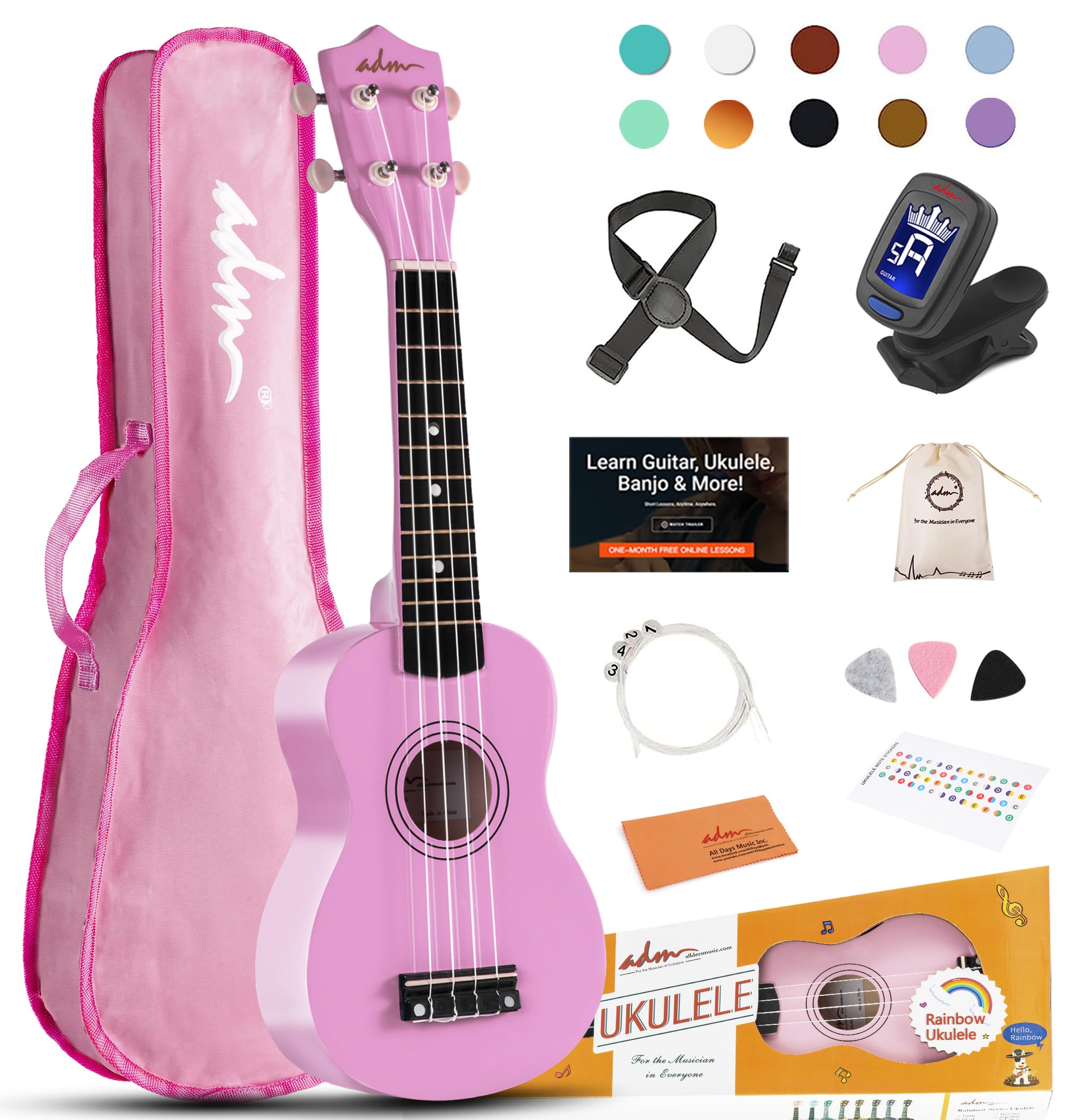 Foto 2 pulgar | Ukelele Adm Hawaiian Wood Soprano De 21 Pulgadas Con Kit Rosa - Venta Internacional.