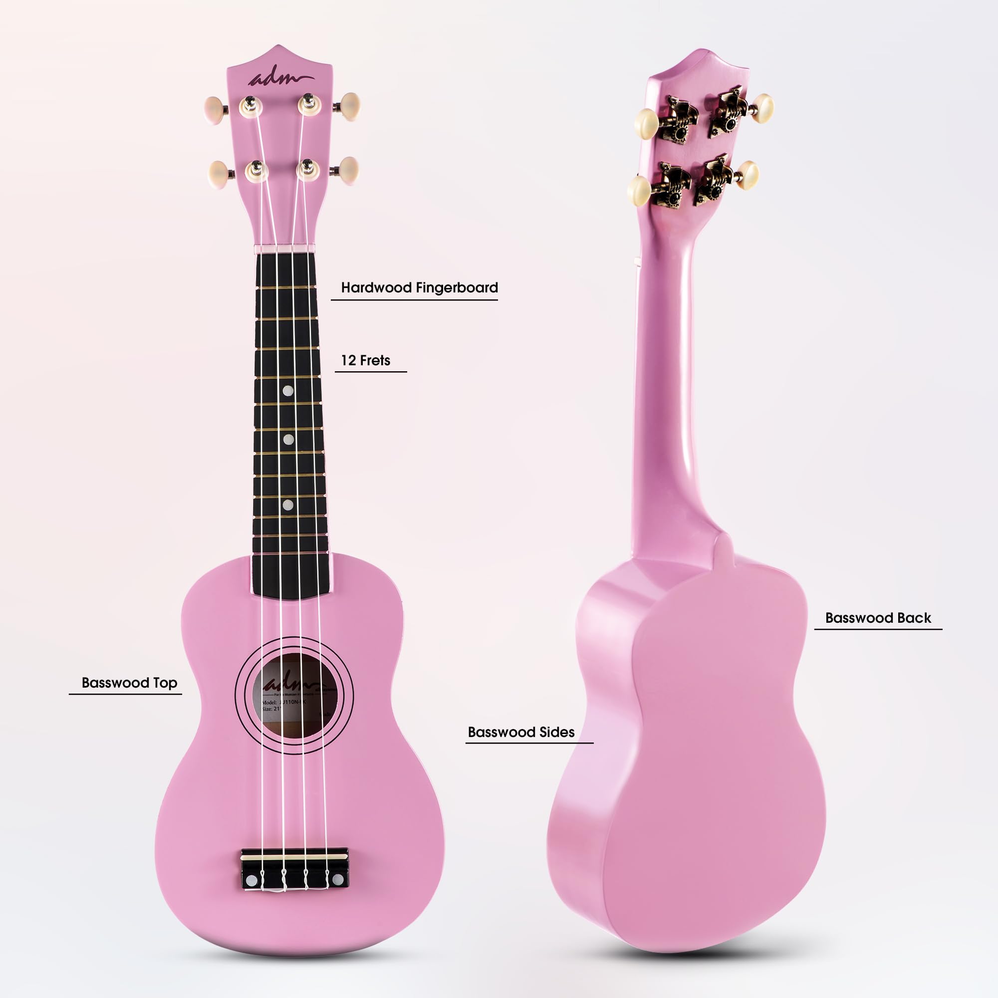 Foto 4 pulgar | Ukelele Adm Hawaiian Wood Soprano De 21 Pulgadas Con Kit Rosa - Venta Internacional.