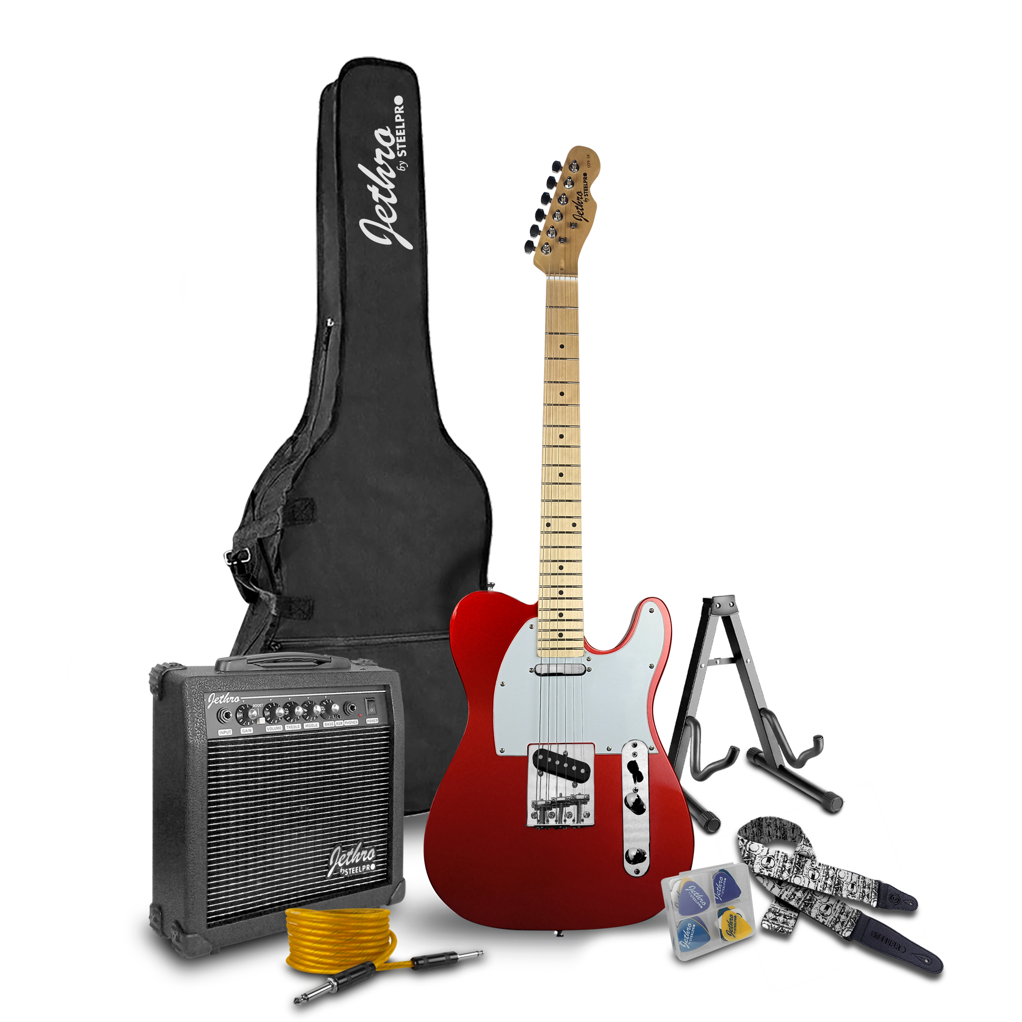 Paquete Guitarra Eléctrica Steelpro Jethro 029-sk 2023 Telecaster Para Diestro Baswood Color Rojo