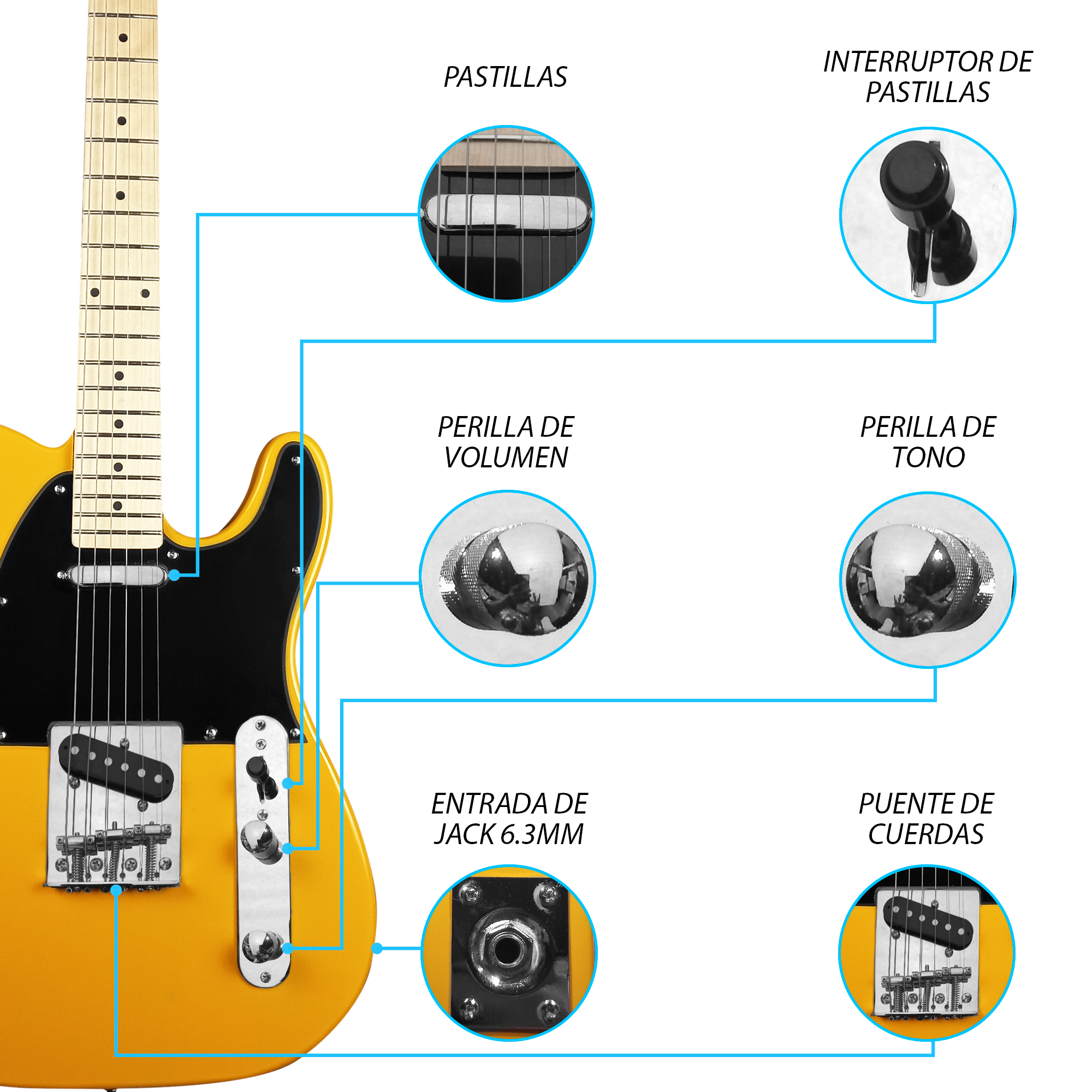 Foto 3 | Paquete Guitarra Eléctrica Jethro Series By  Steelpro 027 Color Amarillo