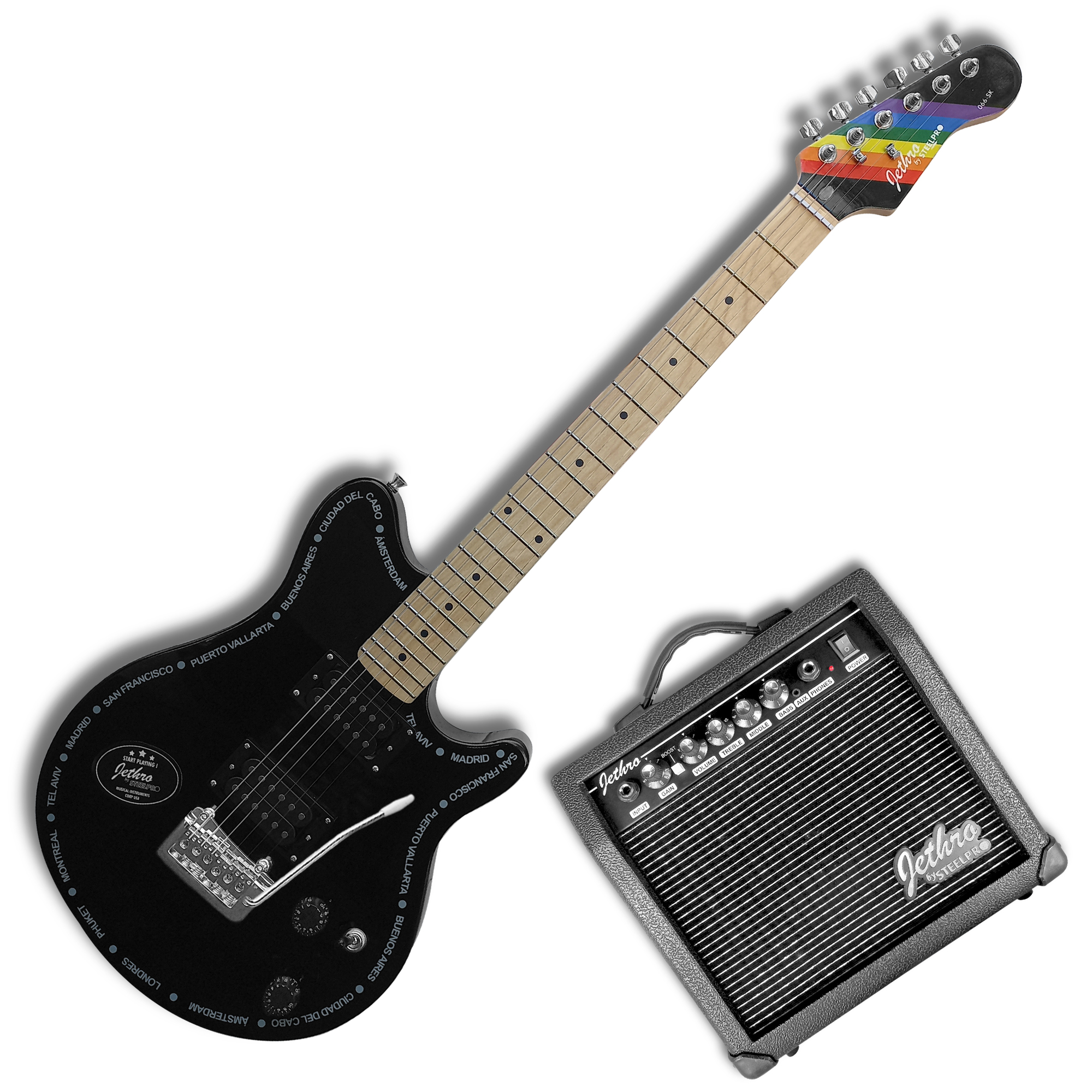 Paquete Guitarra Eléctrica Series Jethro By Steelpro 066-sk Color Black Material Del Diapasón Álamo Negro Laminado