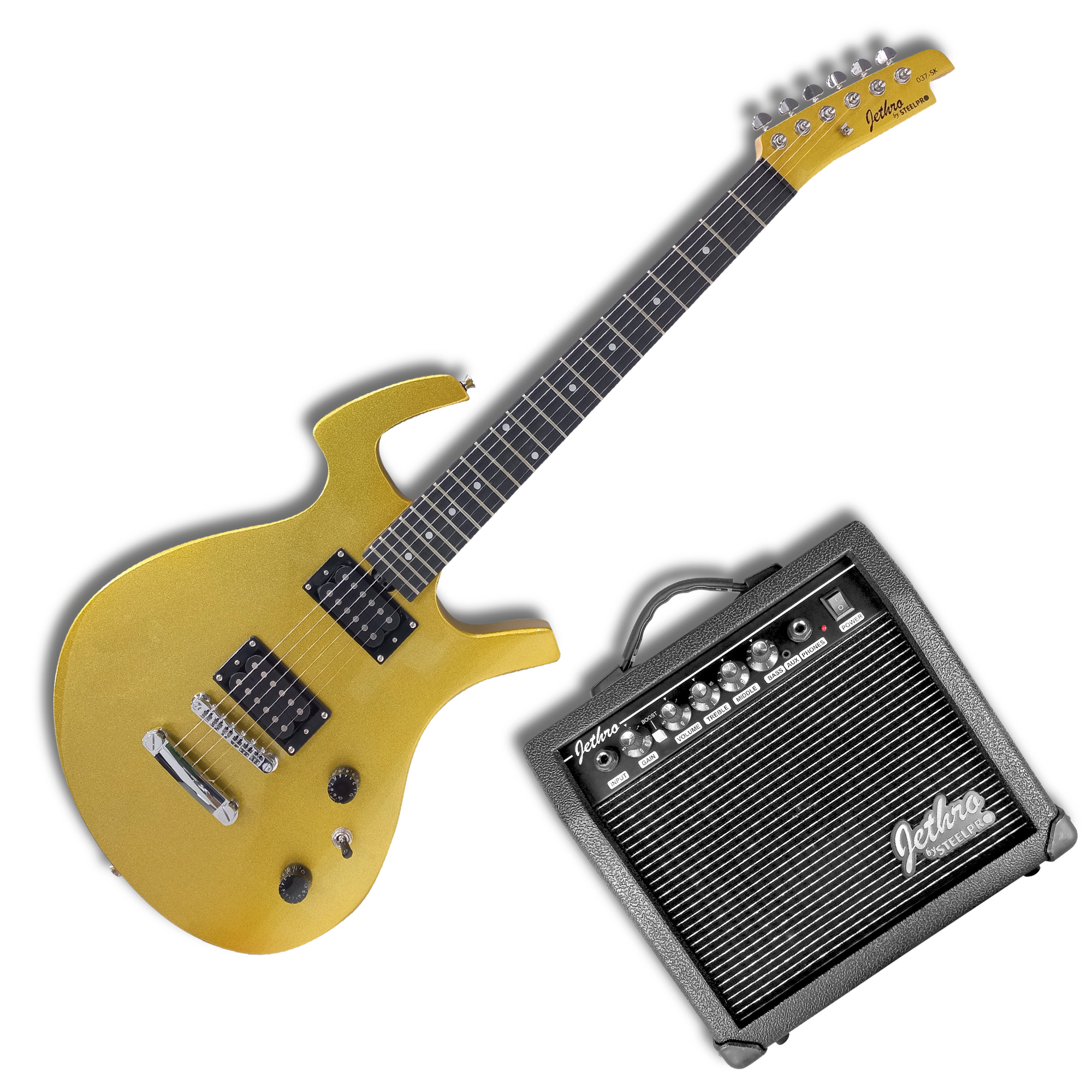 Paquete Guitarra Eléctrica Jethro Series by Steelpro 037 Dorado Material del Diapasón Álamo Negro