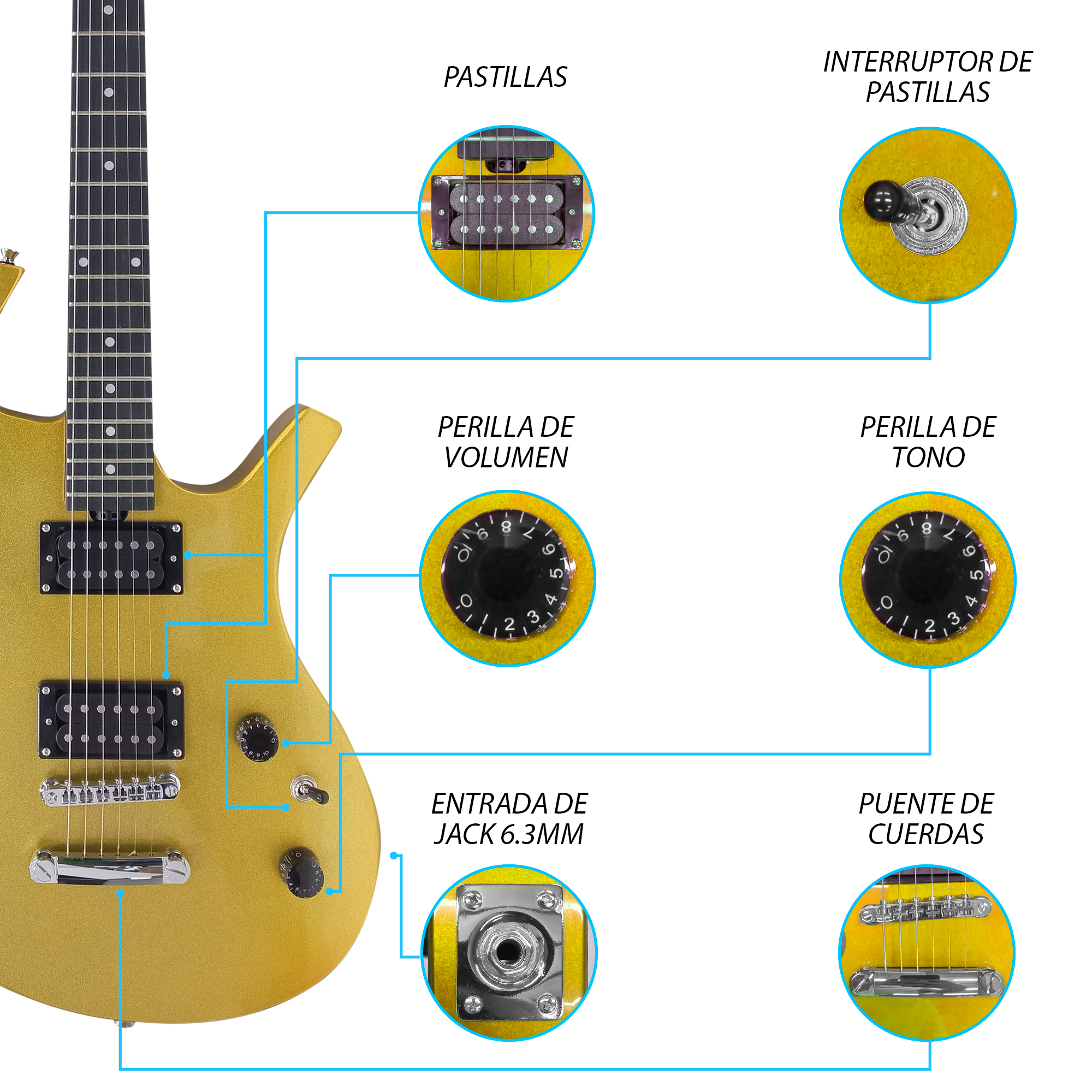 Foto 4 pulgar | Paquete Guitarra Eléctrica Jethro Series by Steelpro 037 Dorado Material del Diapasón Álamo Negro