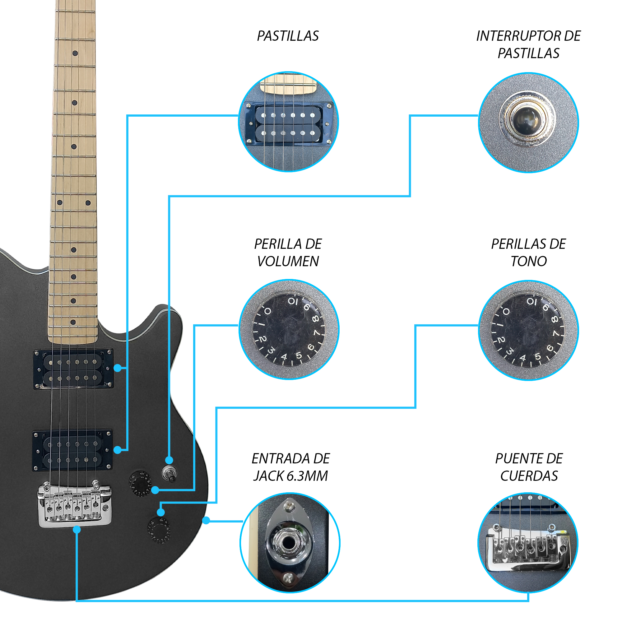 Foto 5 pulgar | Paquete Guitarra Electrica Series Jethro By Steelpro 062-sk Color Black Satin Silver Powder Material