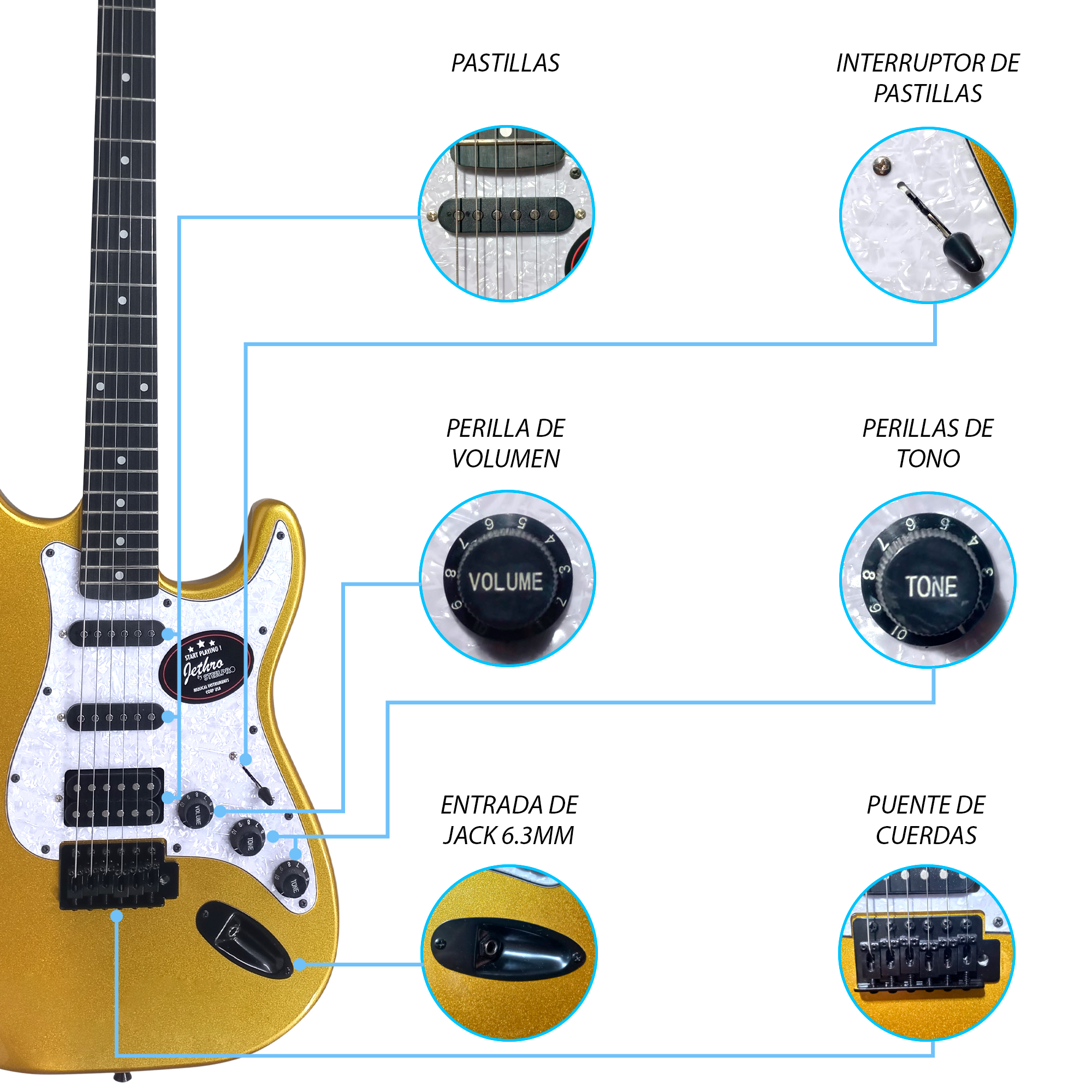 Foto 3 | Paquete Guitarra Electrica Series Jethro By Steelpro 061 Color Dorado Material Del Diapasón