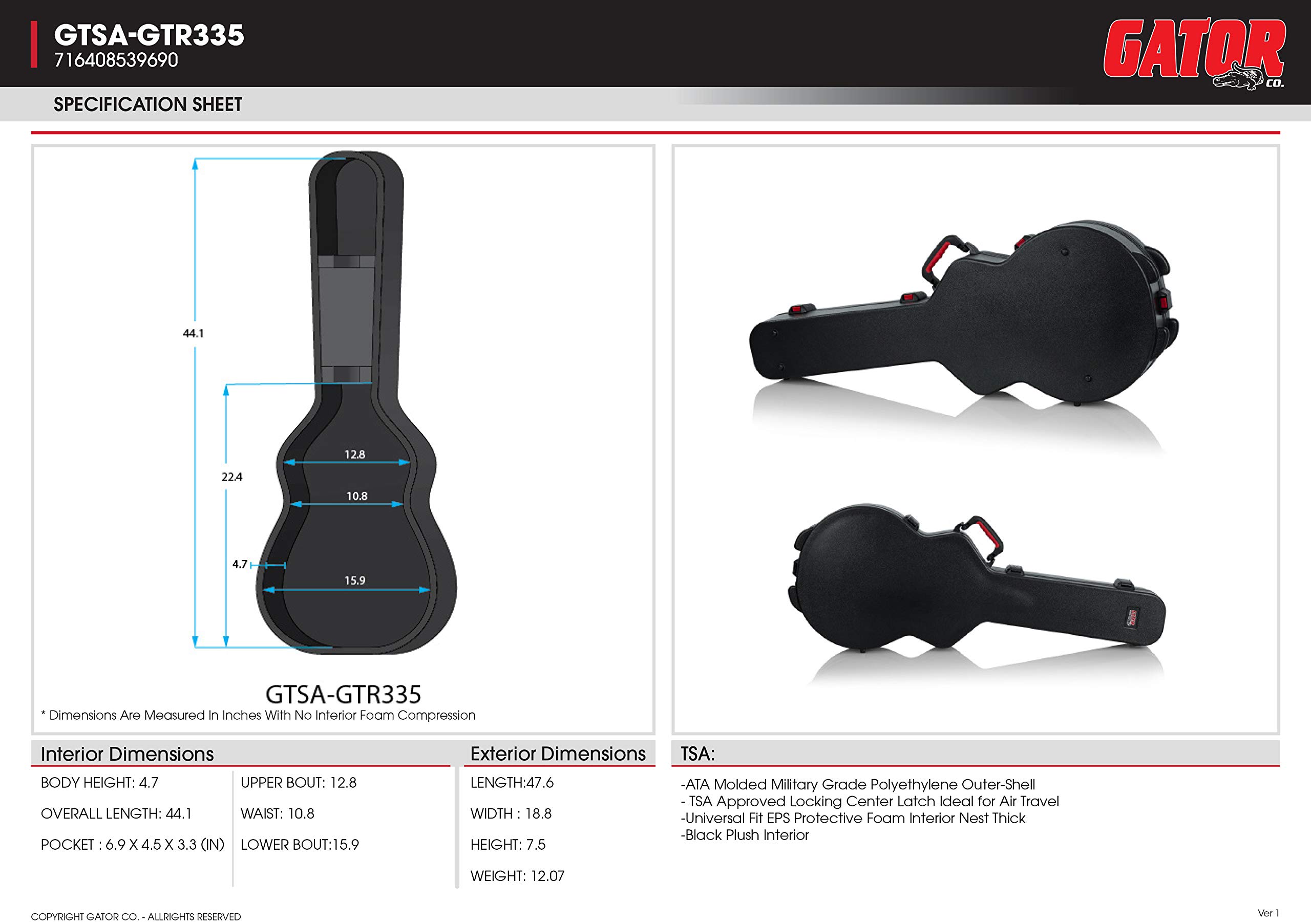 Foto 3 pulgar | Estuches Flight Case Gator Para Guitarras Eléctricas Semihuecas 335 - Venta Internacional.