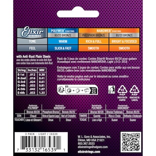 Foto 2 | Juego De 3 Cuerdas Para Guitarra Acústica Elixir 80/20 Bronze Nanoweb - Venta Internacional.