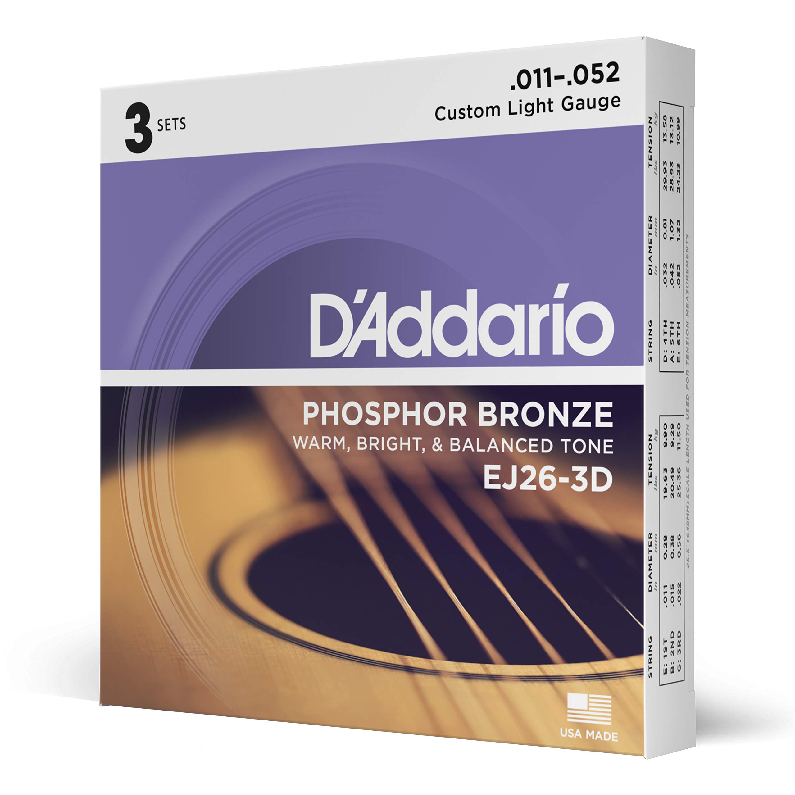 Foto 1 | Juego De 3 Cuerdas Para Guitarra D'addario Phosphor Bronze Ej26-3d 11-52 - Venta Internacional.