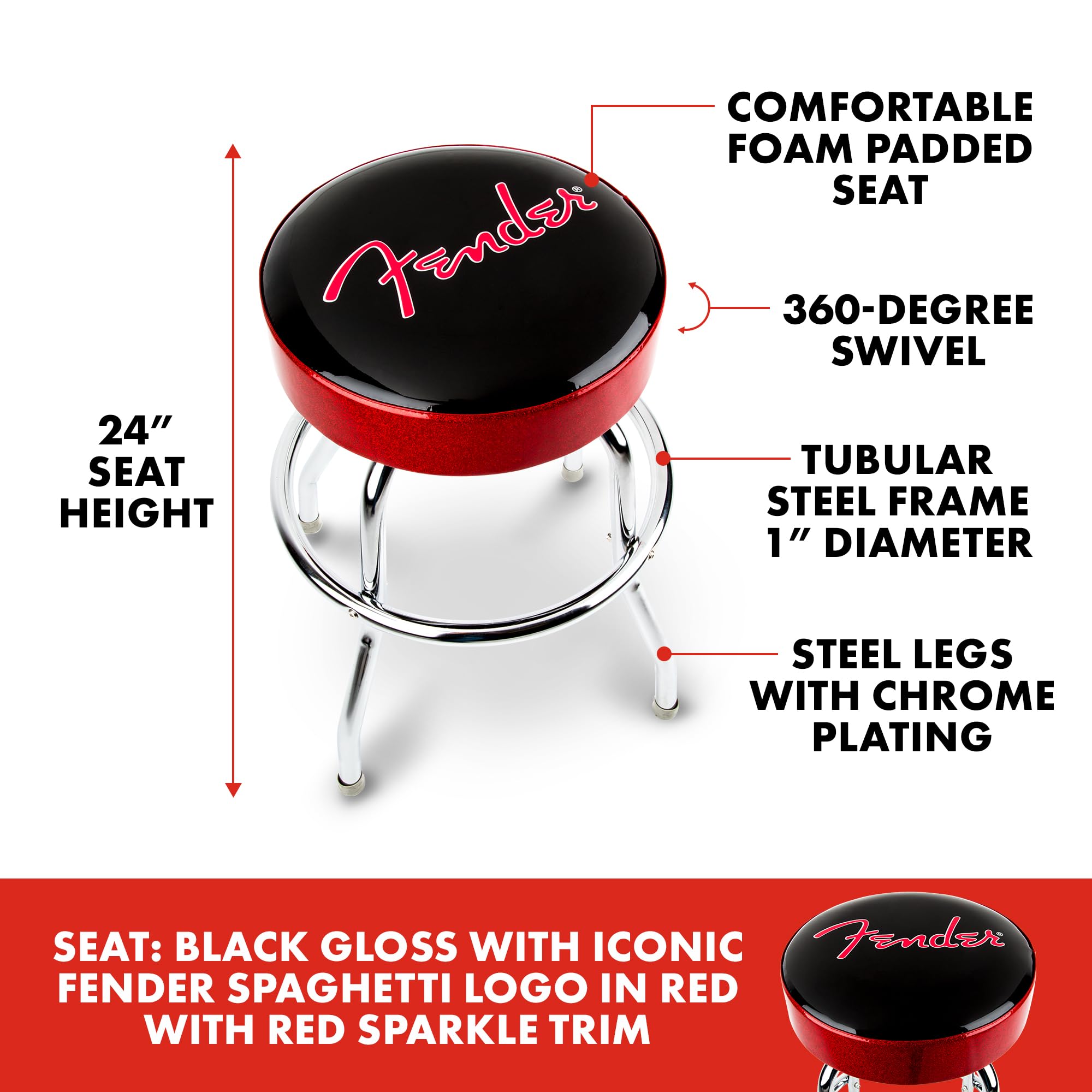 Foto 4 pulgar | Taburete De Bar Fender Red Sparkle Con El Logotipo Giratorio De 24 Pulgadas, Negro/negro - Venta Internacional.