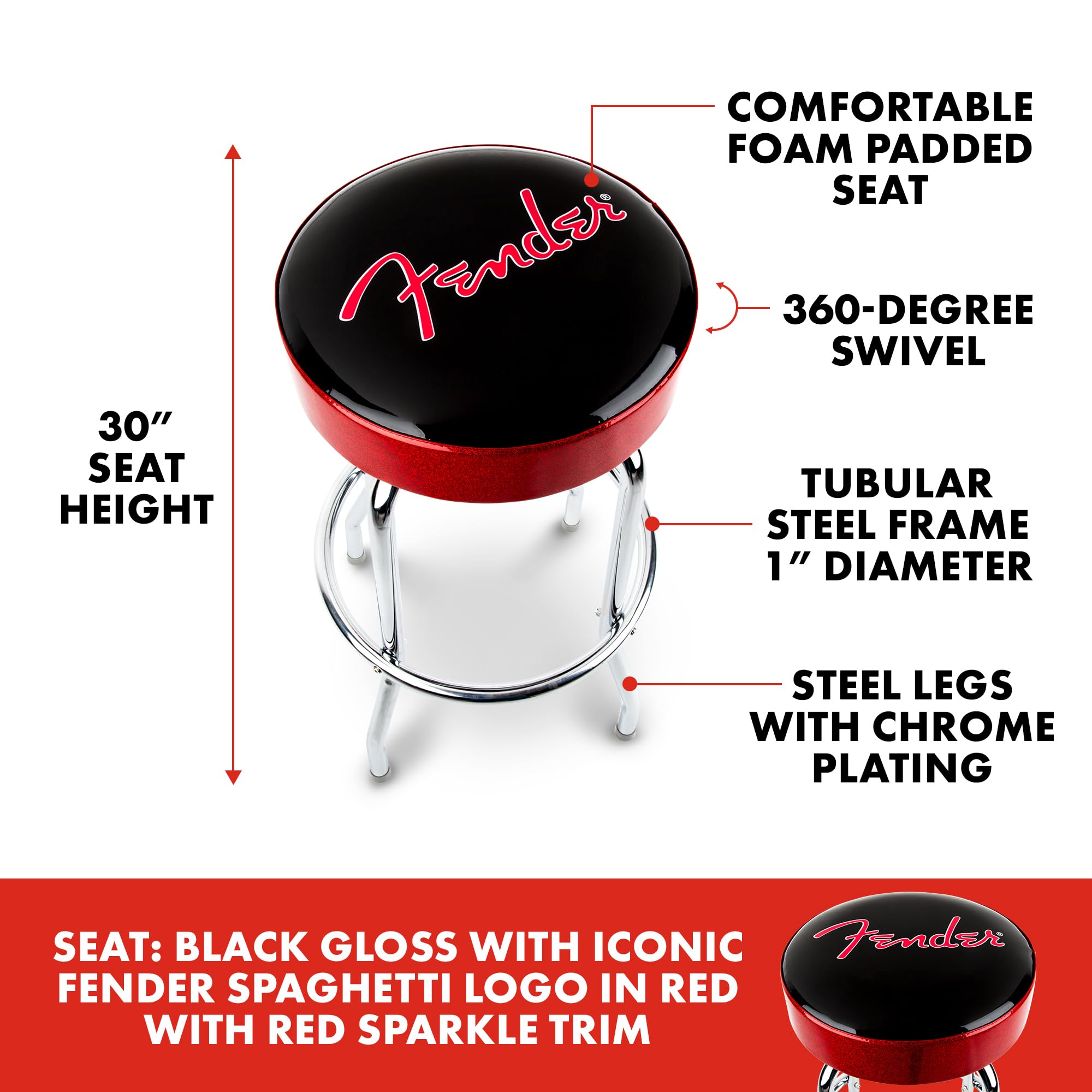 Foto 3 pulgar | Taburete De Bar Fender Red Sparkle Logo Giratorio Negro 30 Cm - Venta Internacional.