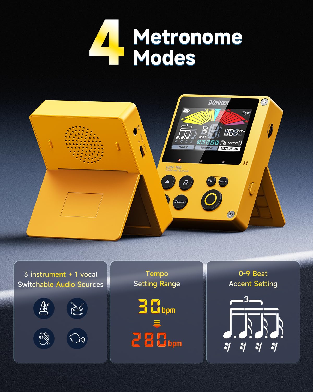Foto 4 | Afinador Metrónomo Donner Dbm-100 Recargable 3 En 1 Amarillo - Venta Internacional.