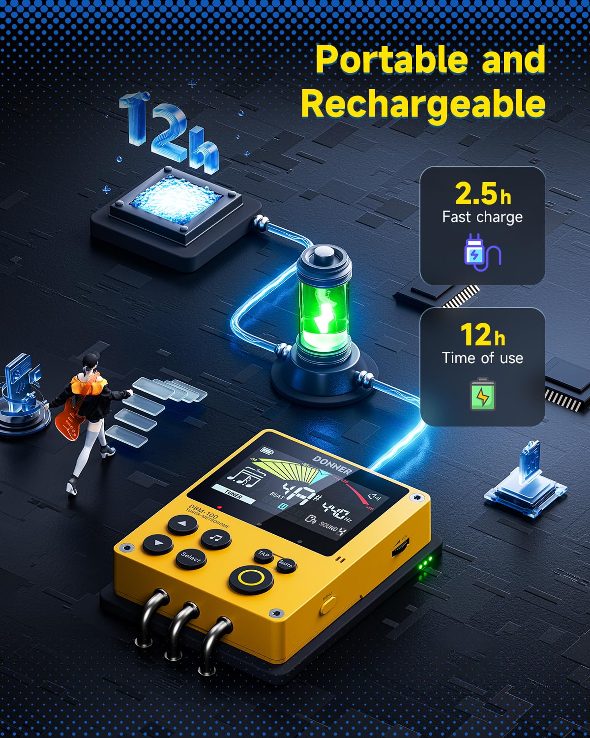 Foto 6 | Afinador Metrónomo Donner Dbm-100 Recargable 3 En 1 Amarillo - Venta Internacional.