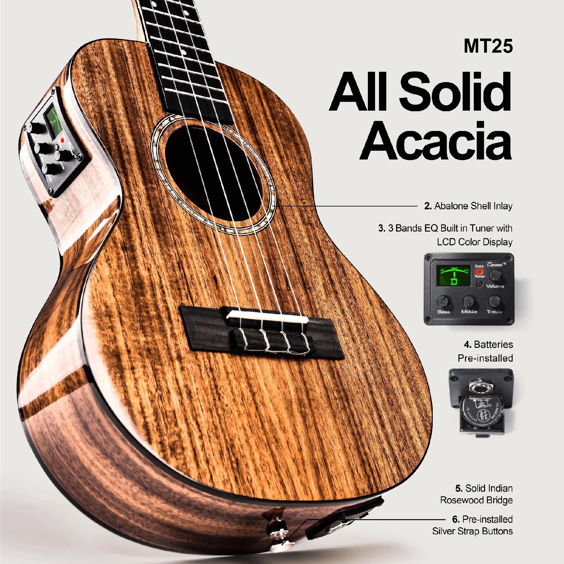 Foto 3 | Ukelele Caramel Glossy All Solid Acacia 26 Tenor Acústico Eléctrico - Venta Internacional.