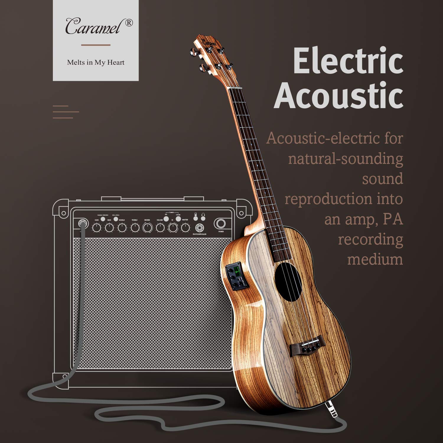 Foto 3 pulgar | Ukelele Eléctrico Caramel Cb103, Madera De Cebra, Barítono, 76 Cm, Pantalla Lcd - Venta Internacional.