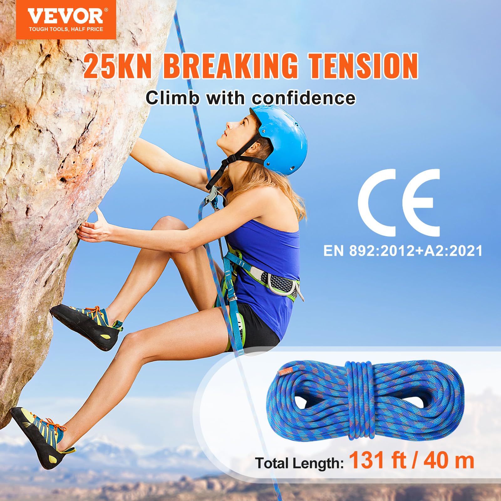 Foto 3 pulgar | Cuerda De Escalada Vevor, 10,2 Mm, Dinámica, 40 M, Con Ganchos De Acero, Color Azul - Venta Internacional.