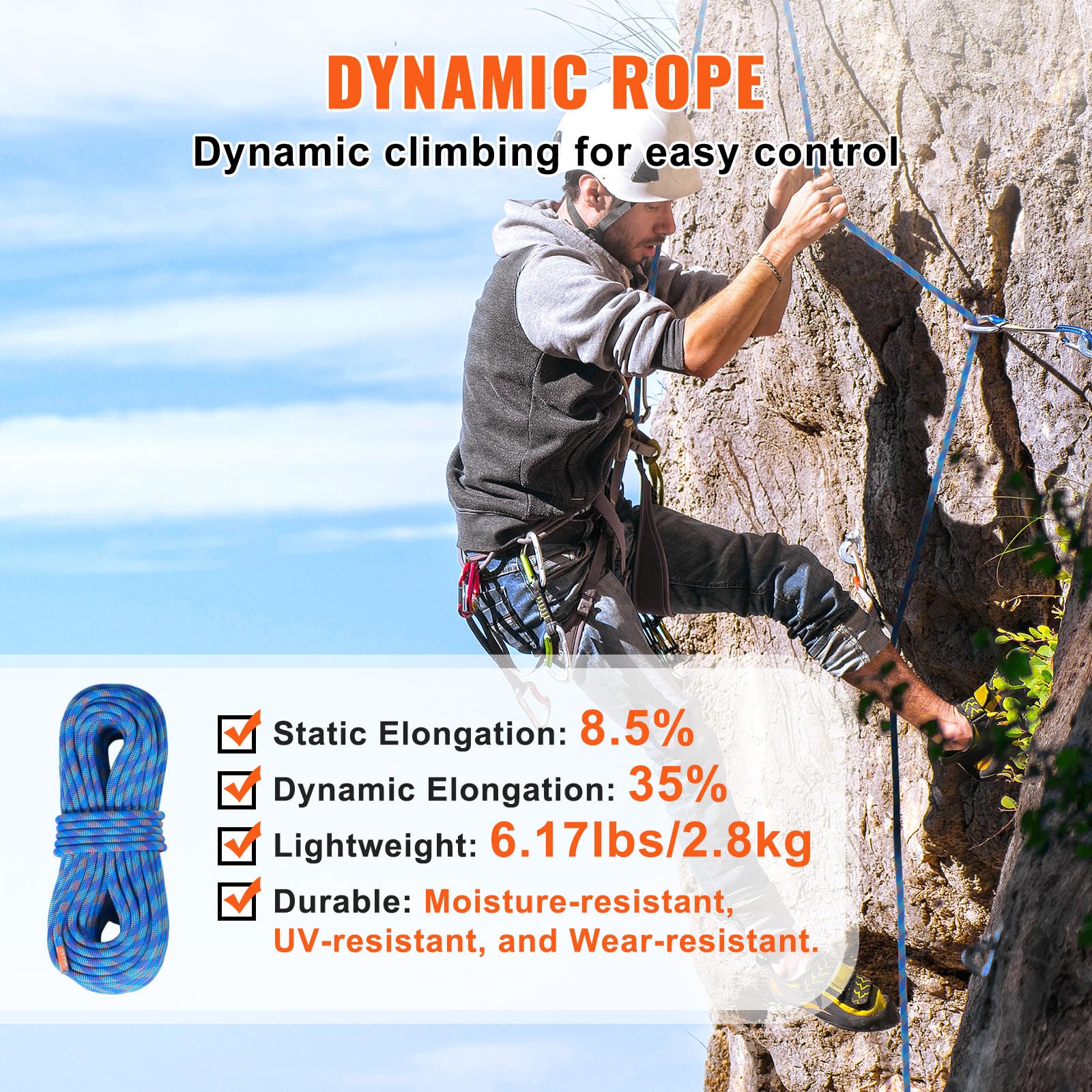 Foto 6 pulgar | Cuerda De Escalada Vevor, 10,2 Mm, Dinámica, 40 M, Con Ganchos De Acero, Color Azul - Venta Internacional.