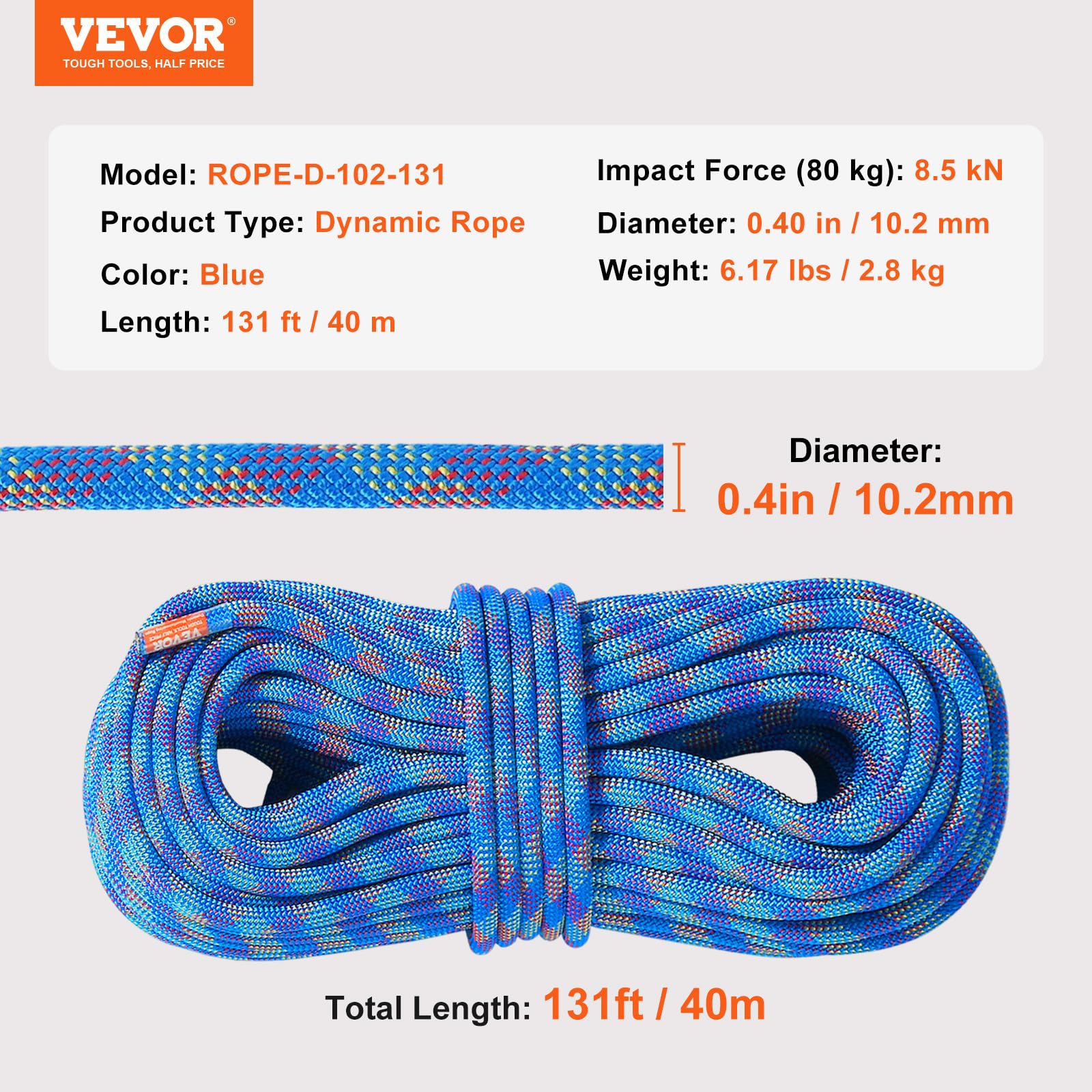 Foto 8 pulgar | Cuerda De Escalada Vevor, 10,2 Mm, Dinámica, 40 M, Con Ganchos De Acero, Color Azul - Venta Internacional.