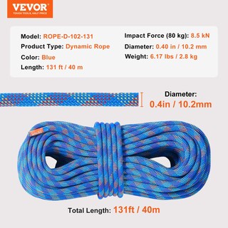 Foto 7 | Cuerda De Escalada Vevor, 10,2 Mm, Dinámica, 40 M, Con Ganchos De Acero, Color Azul - Venta Internacional.