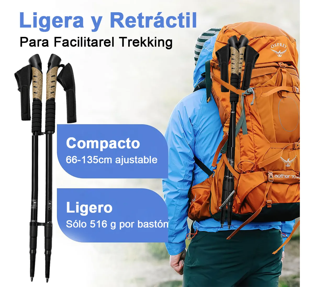 Foto 2 | 2 Bastón Senderismo  Lab.g Trekking Ligero Plegable Escalar Caminar Negro Cafe