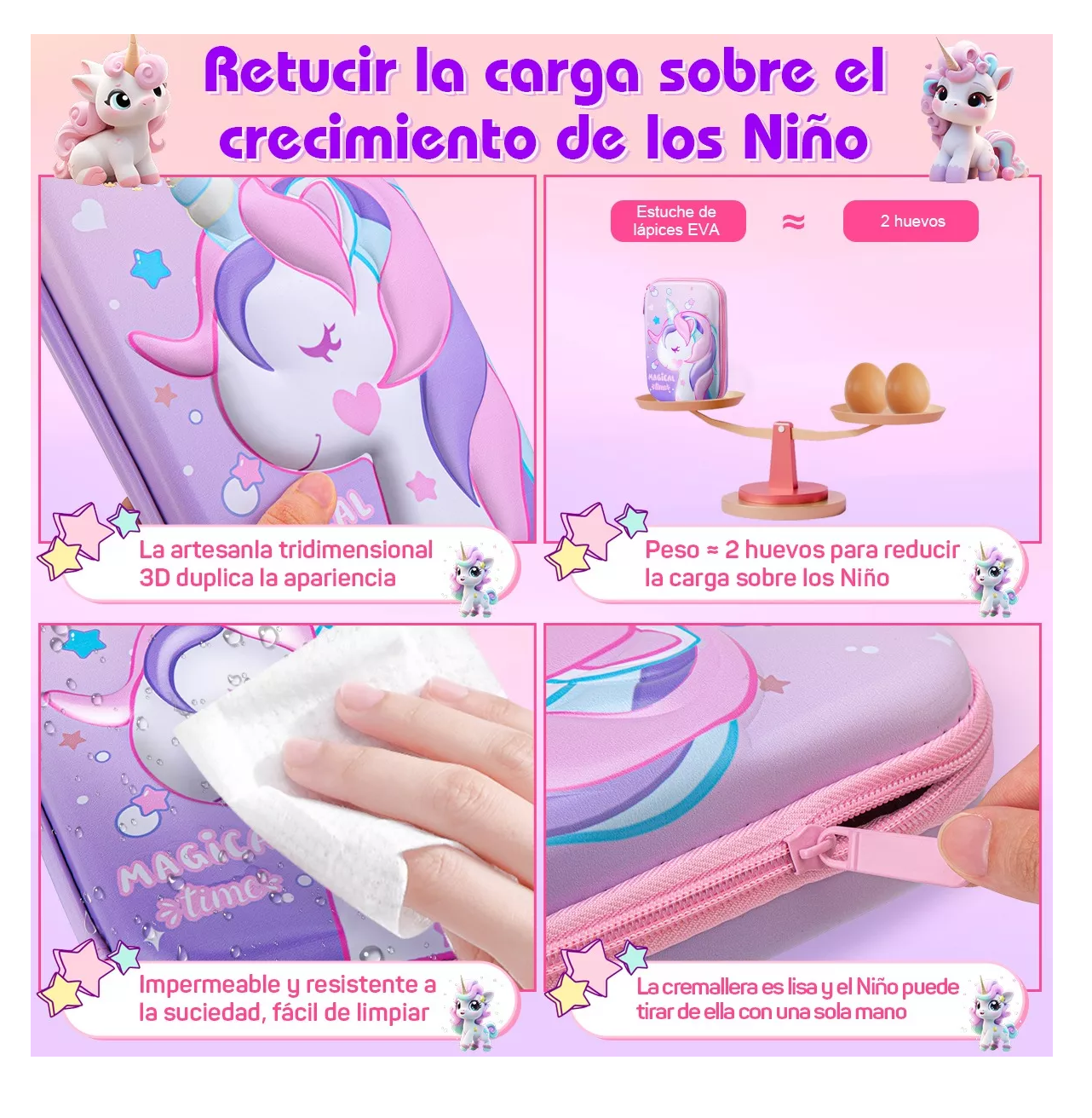 Foto 6 pulgar | Lapicera Estuche Gran Capacidad 3d Eva Organizador Rosa Unicornio