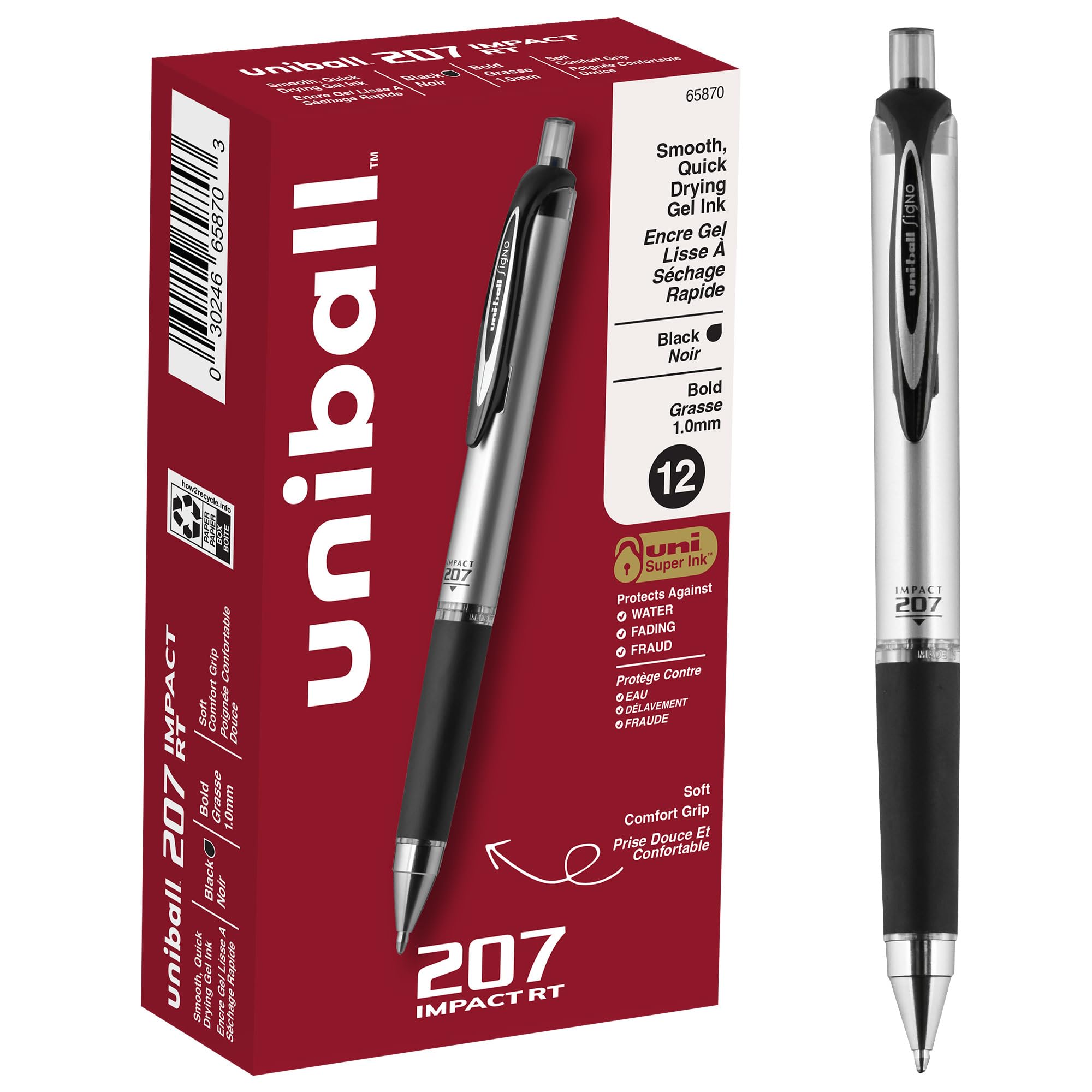 Bolígrafo De Gel Uni-ball 207 Impact Retráctil En Negrita De 1 Mm, Tinta Negra - Venta Internacional.