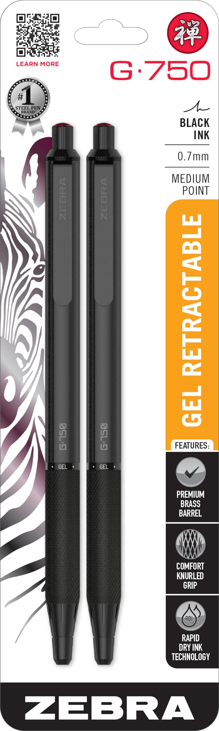 Bolígrafo De Gel Zebra Pen G-750, Retráctil, Tinta Negra, 0,7 Mm, Paquete De 2 - Venta Internacional.