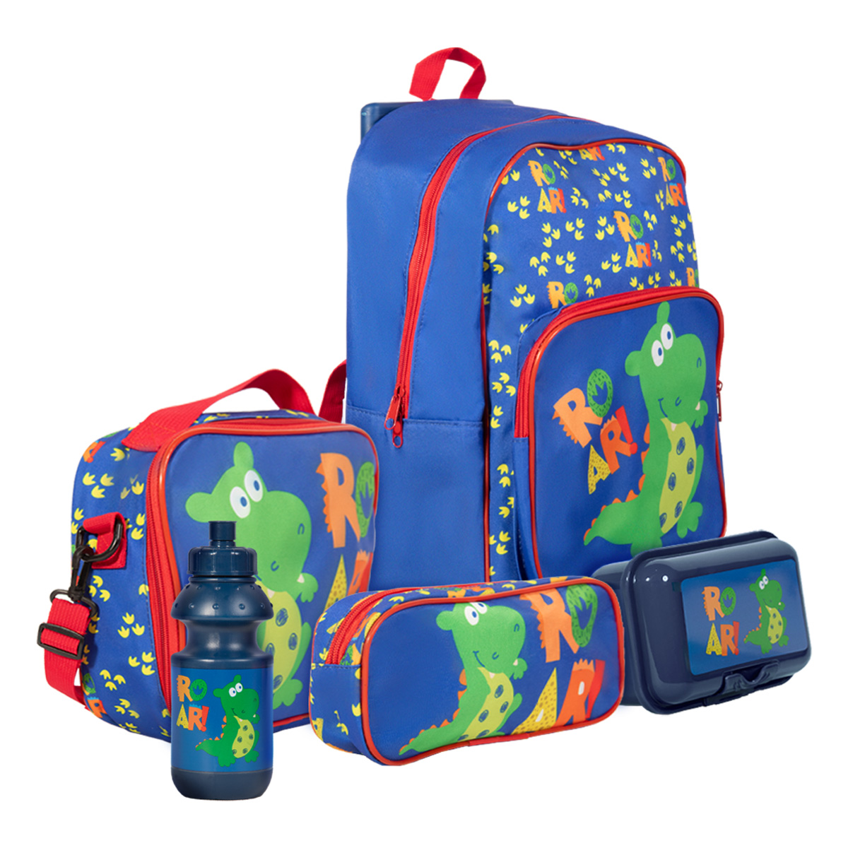 Foto 4 pulgar | Mochila Escolar Niño Mima2 Dinosaurio Roar + Lonchera Antiderrapante + Tóper + Botella + Lapicera