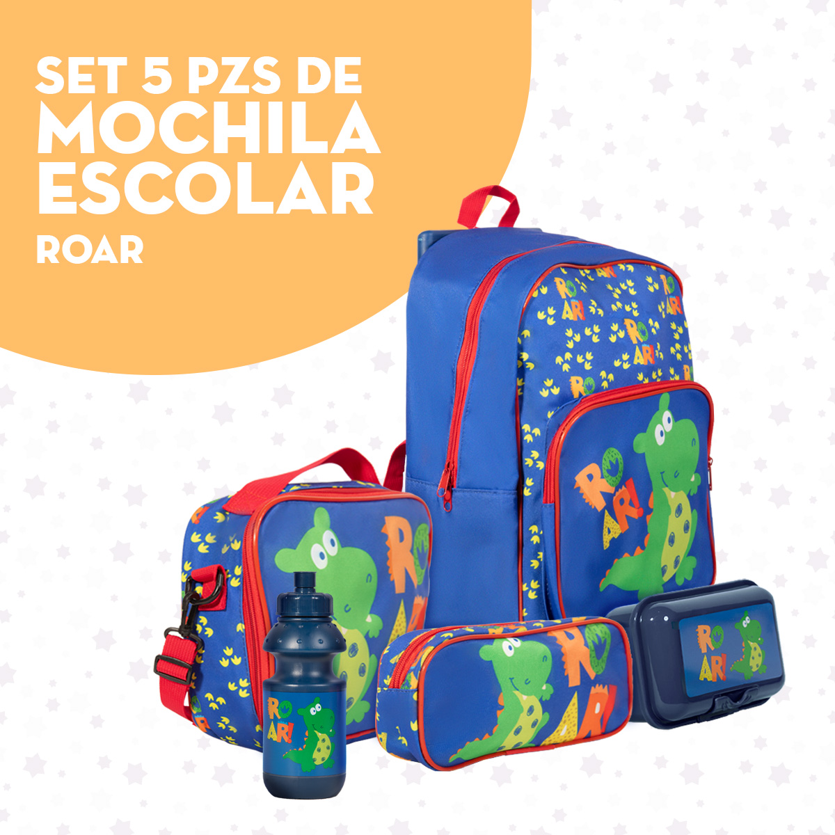 Foto 4 | Mochila Escolar Niño Mima2 Dinosaurio Roar + Lonchera Antiderrapante + Tóper + Botella + Lapicera