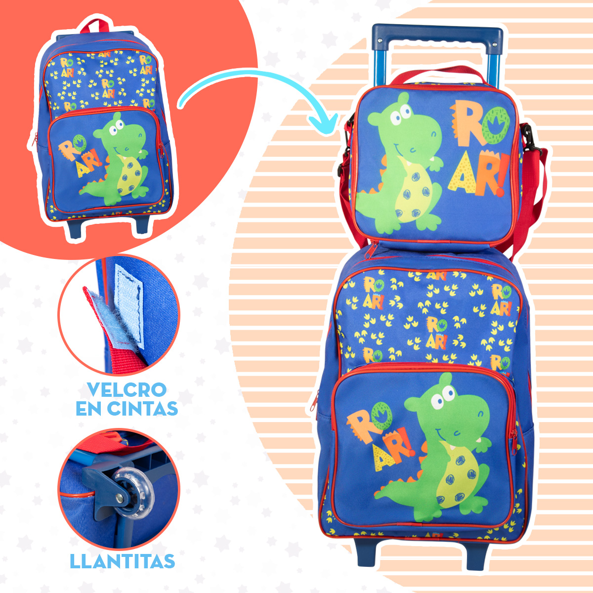 Foto 6 pulgar | Mochila Escolar Niño Mima2 Dinosaurio Roar + Lonchera Antiderrapante + Tóper + Botella + Lapicera